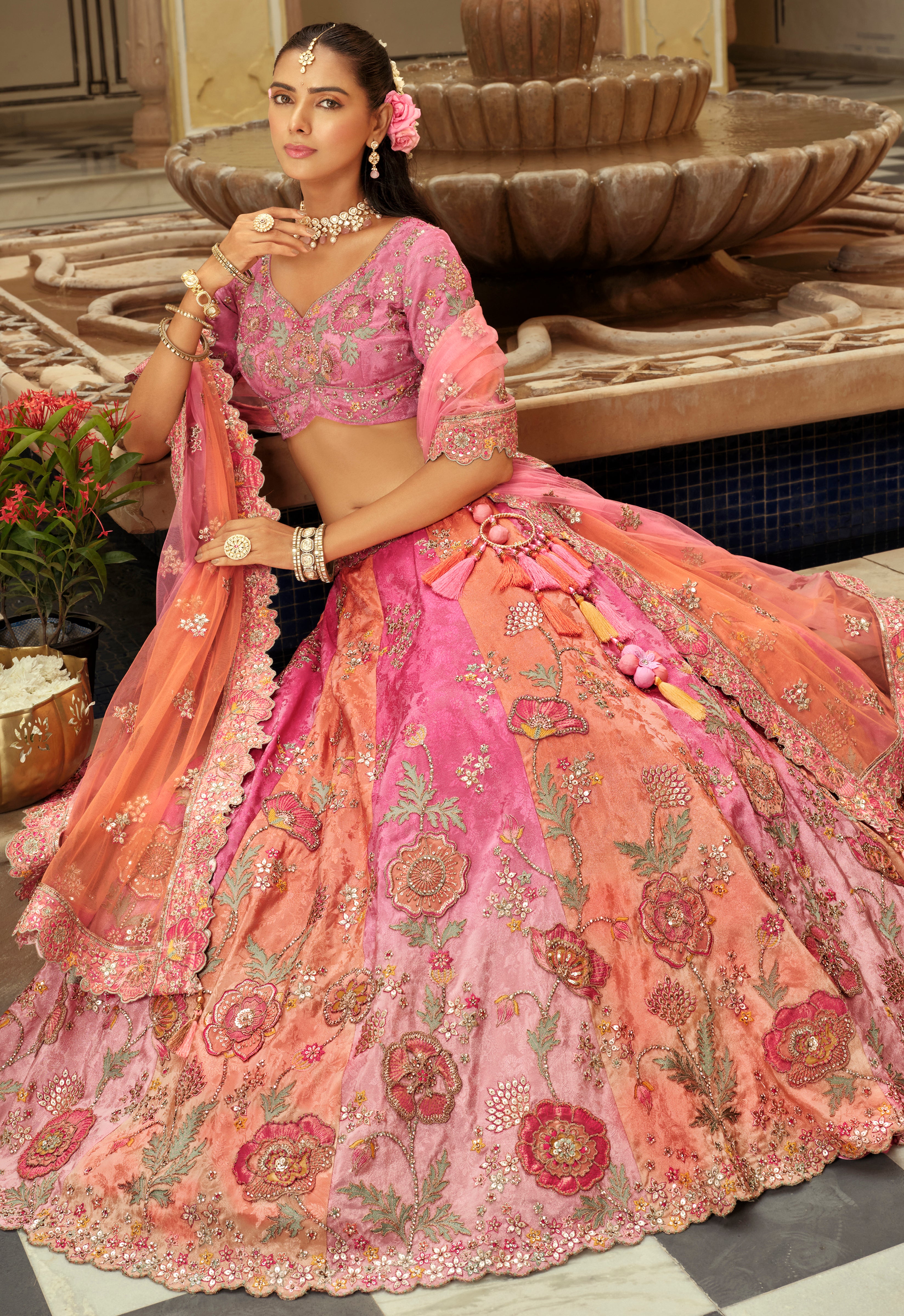 Multicolor Silk Readymade Lehenga Choli With Heavy Thread Embroidery, Sequence, Border Weaving, Art Mirror and Cut Work