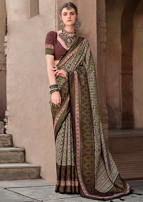 Multicolor Silk Saree With  Ajrakh Print