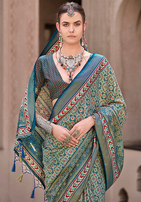 Multicolor Silk Saree With  Ajrakh Print