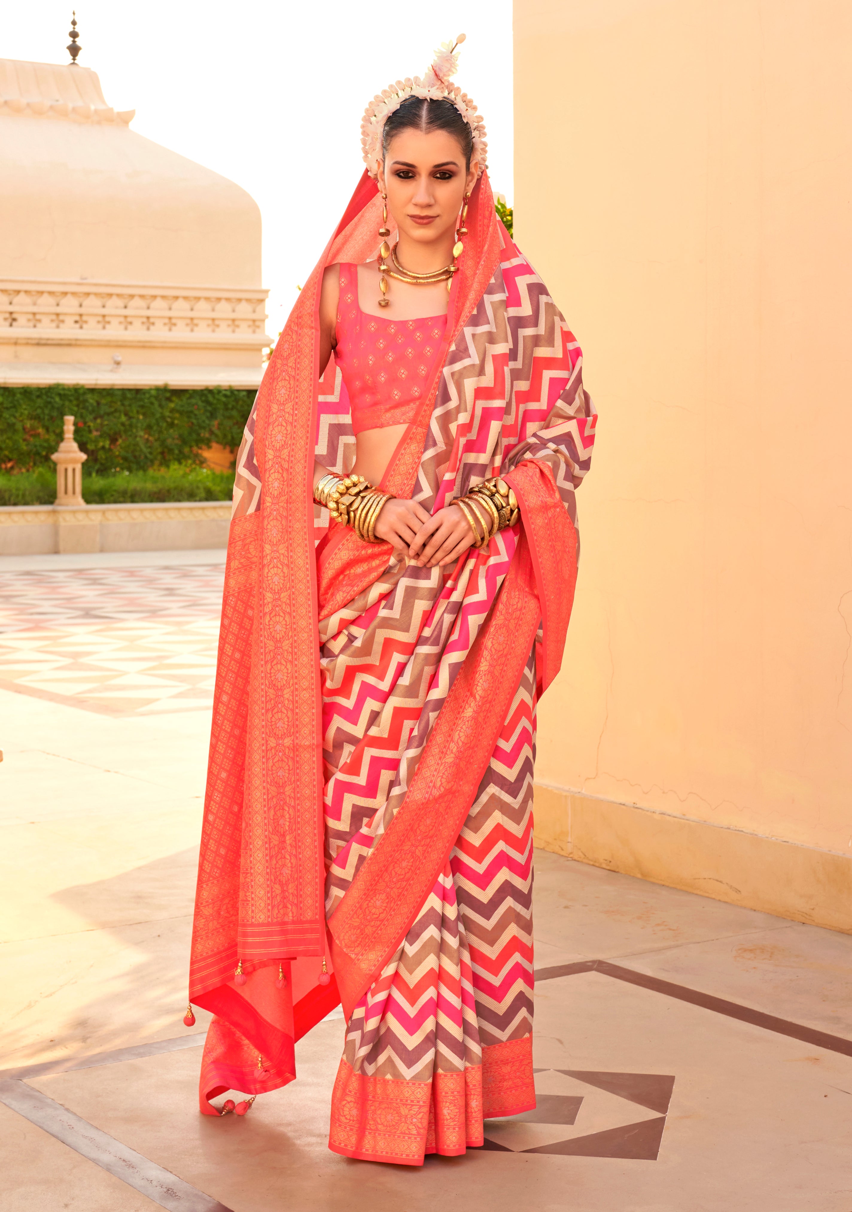 Multicolor Silk Saree With  Printed With Jacquard Woven Work