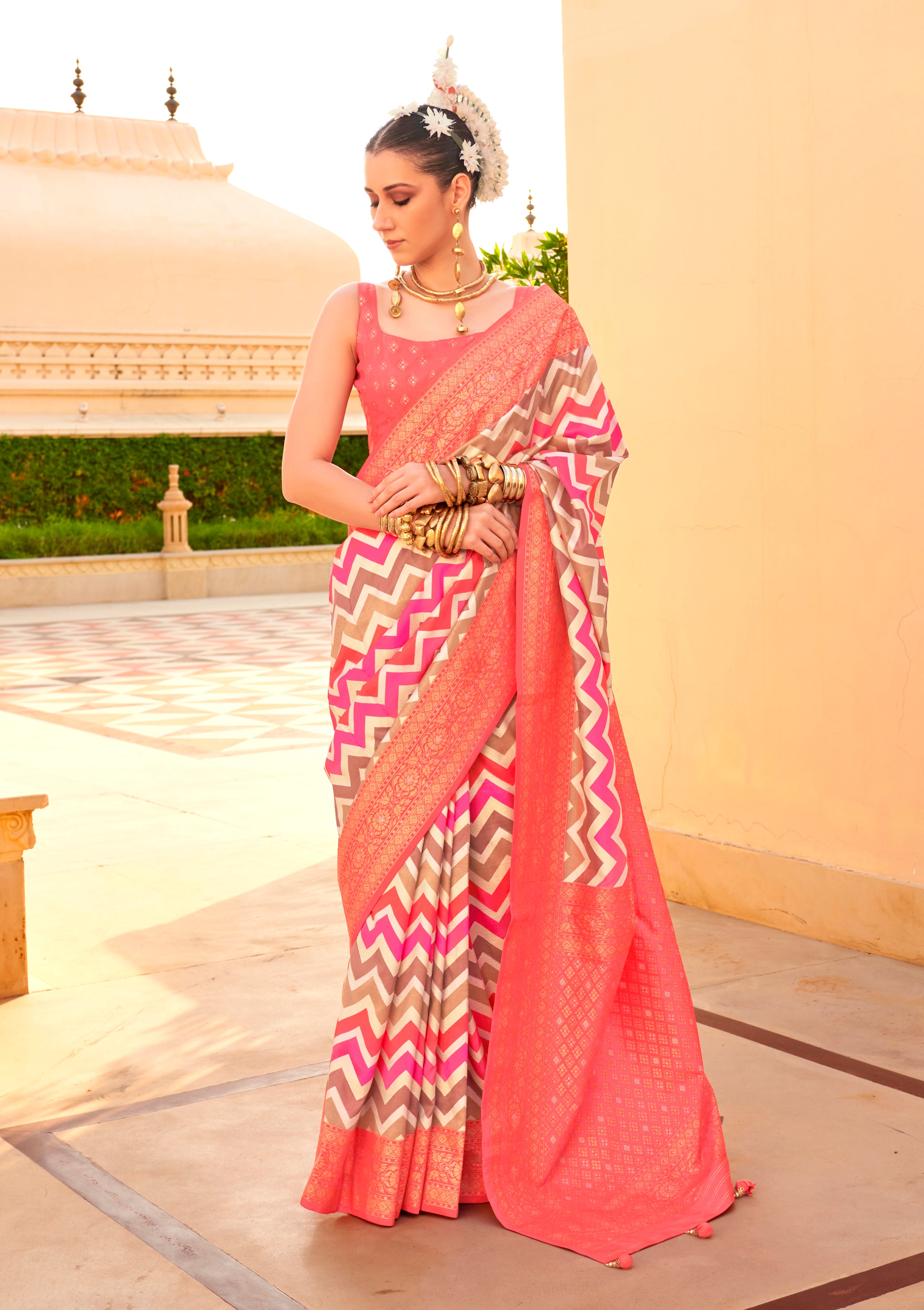 Multicolor Silk Saree With  Printed With Jacquard Woven Work