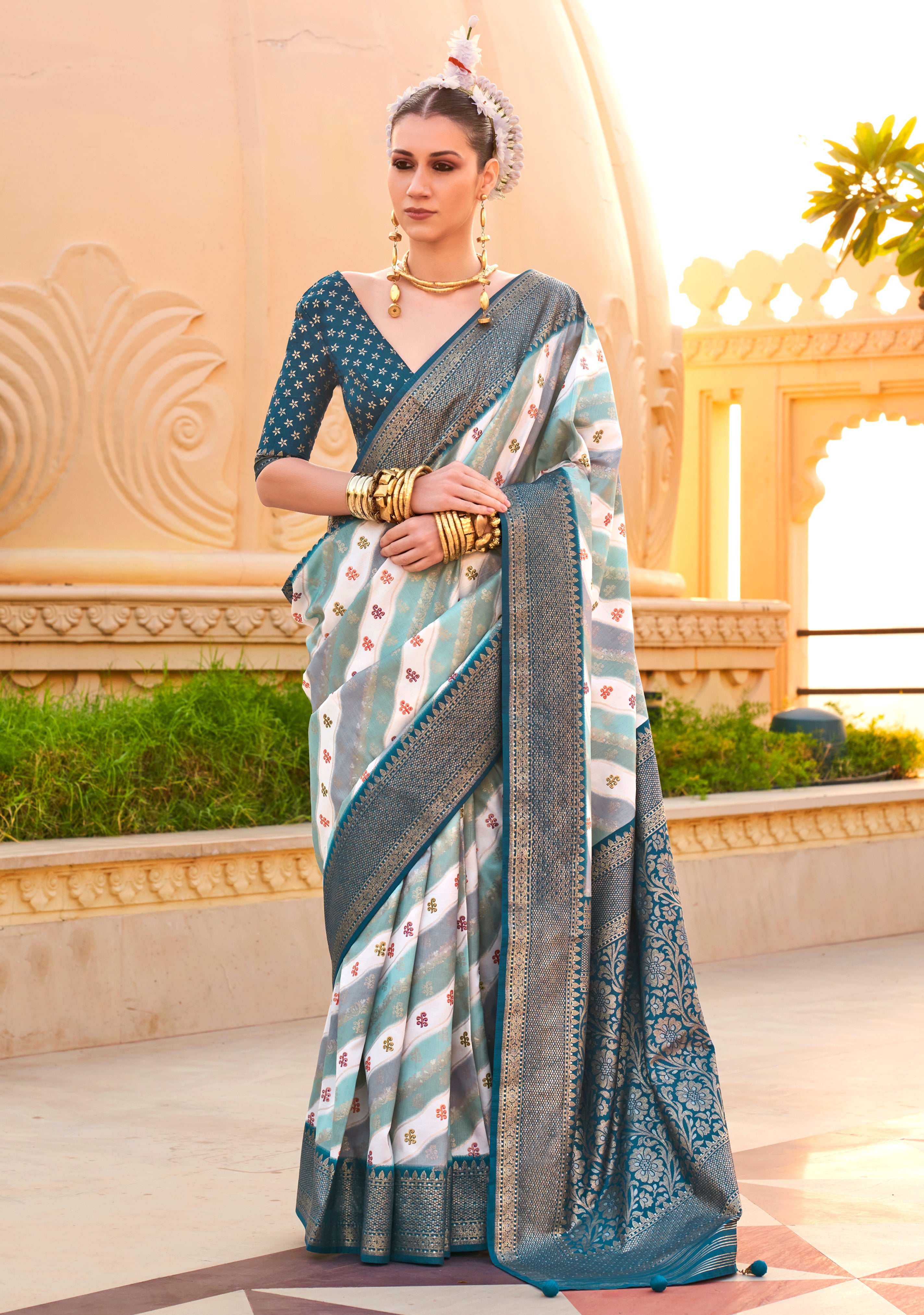 Multicolor Silk Saree With  Printed With Jacquard Woven Work
