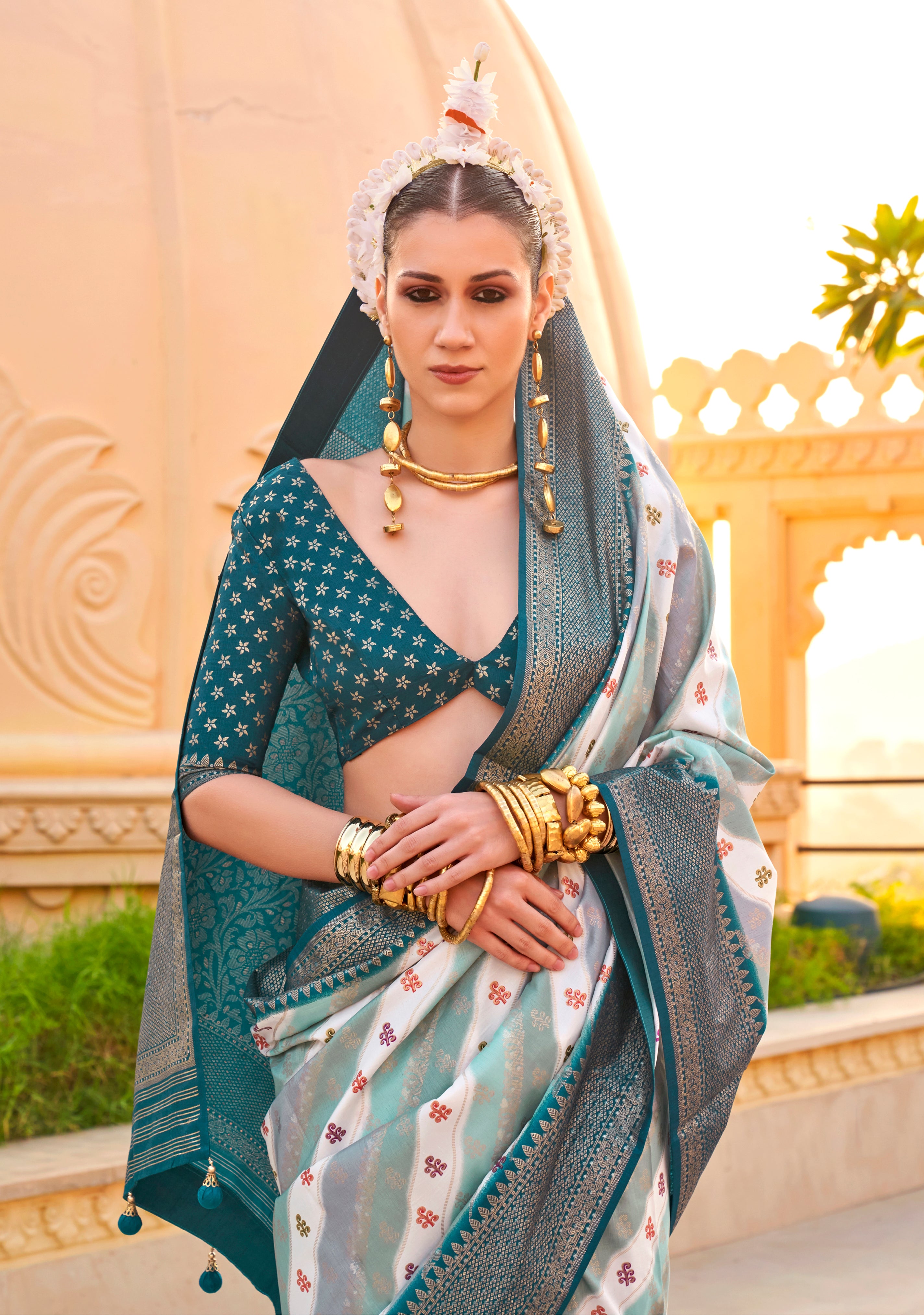 Multicolor Silk Saree With  Printed With Jacquard Woven Work