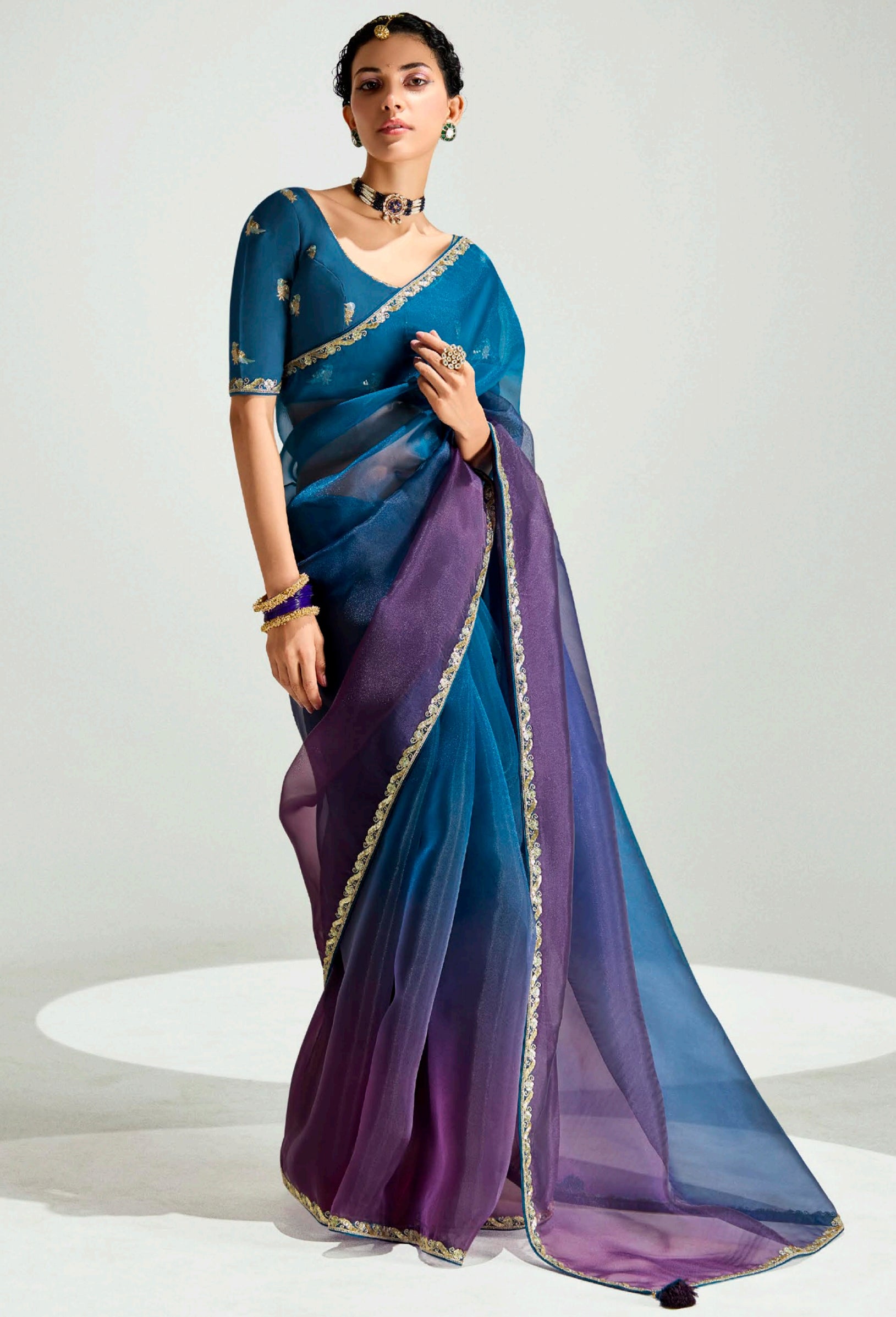Multicolor Tissue Saree with Embroidered Blouse