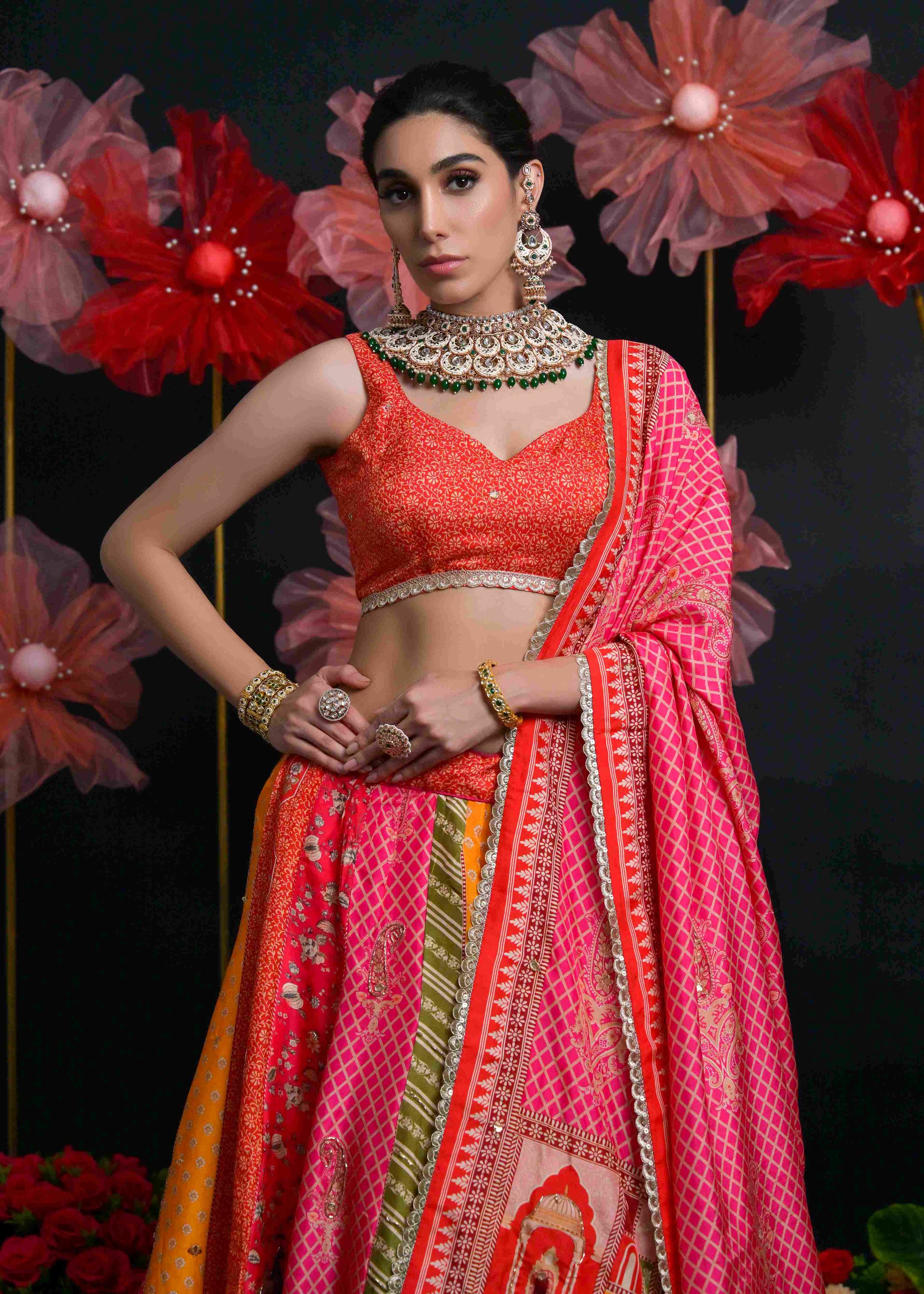 Multicolor Viscose Russian Lehenga Choli With Print With Zardosi, Cutdana, Sequins With Gota Patti Work