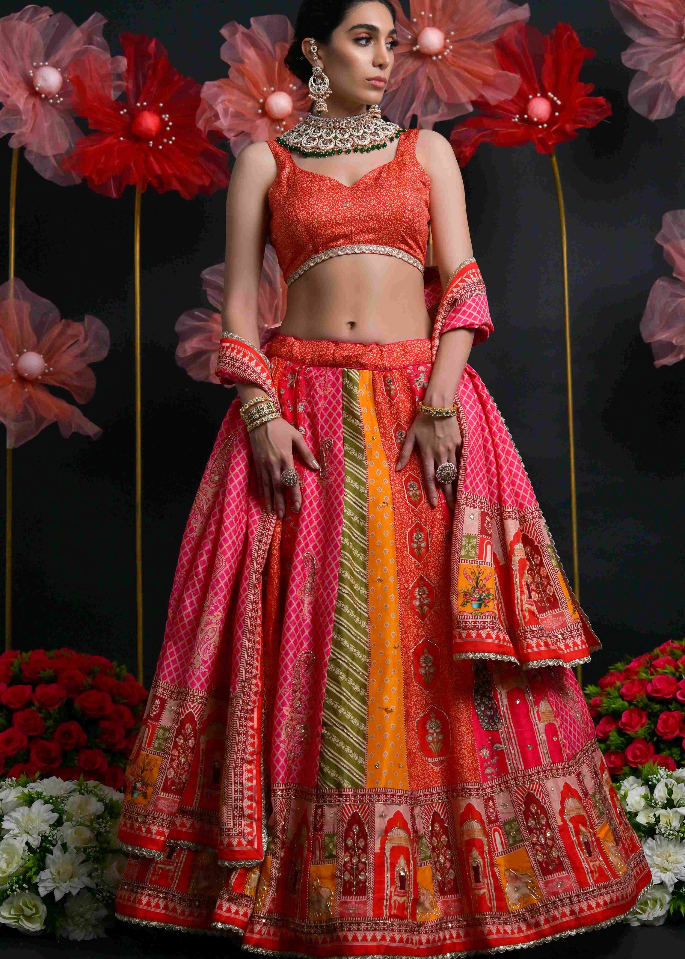 Multicolor Viscose Russian Lehenga Choli With Print With Zardosi, Cutdana, Sequins With Gota Patti Work