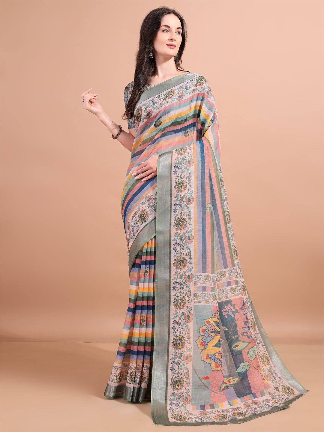 Multicolour Linen Printed Trendy Saree