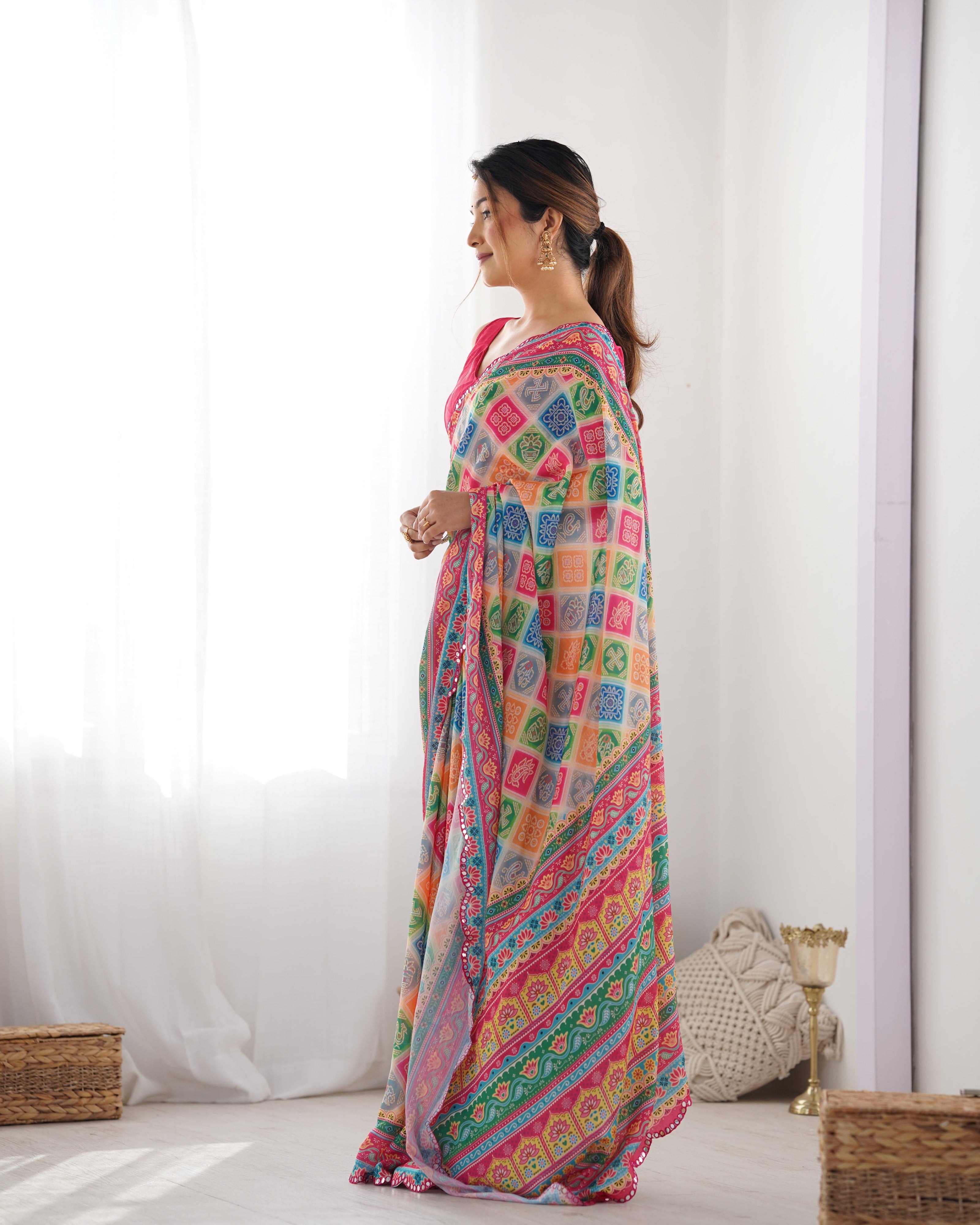 Multy Beautiful Chinon Fabric Digital Printed Saree With Mirror Cut Work