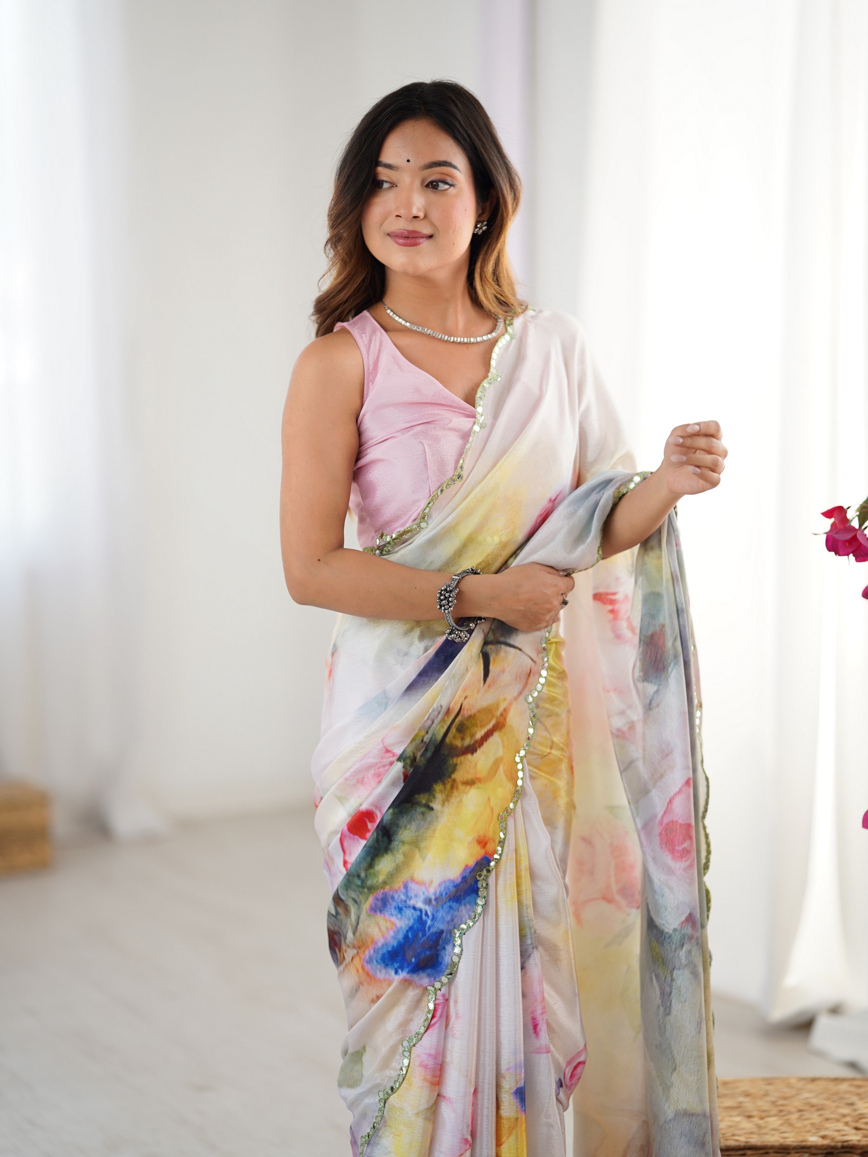 Multy Beautiful Printed Chinon Saree With Stylish Border For Girlie Looks