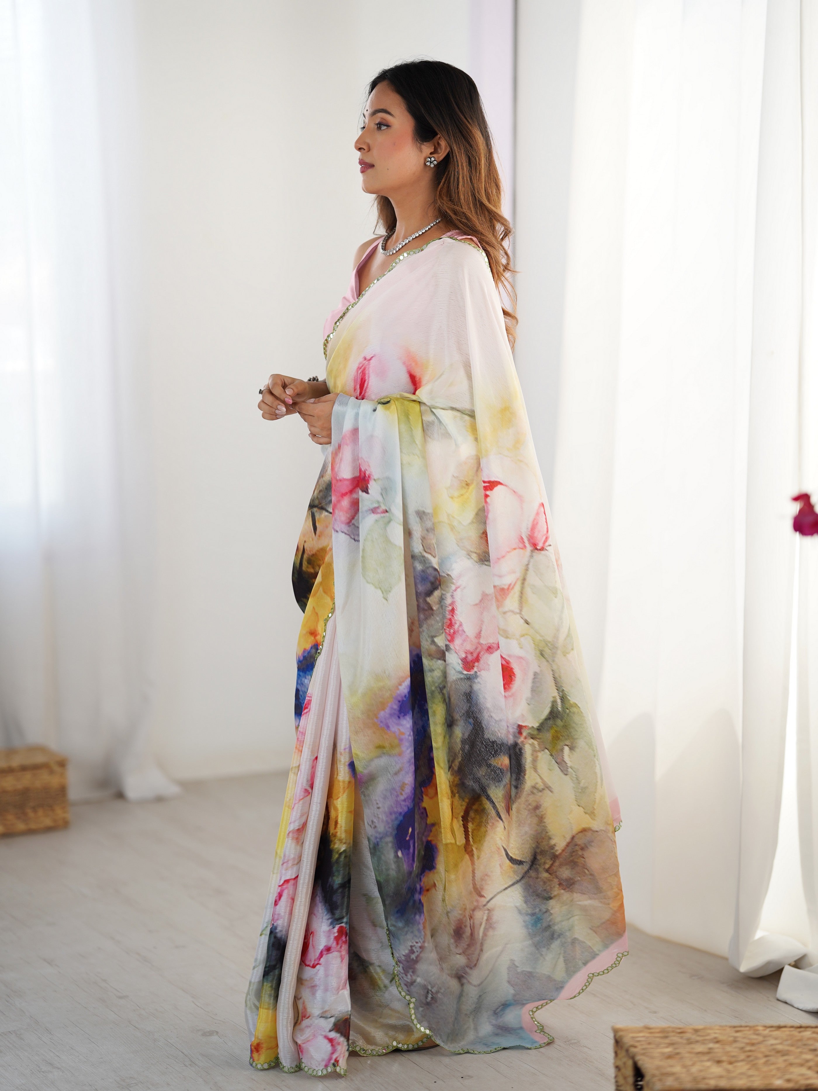 Multy Beautiful Printed Chinon Saree With Stylish Border For Girlie Looks
