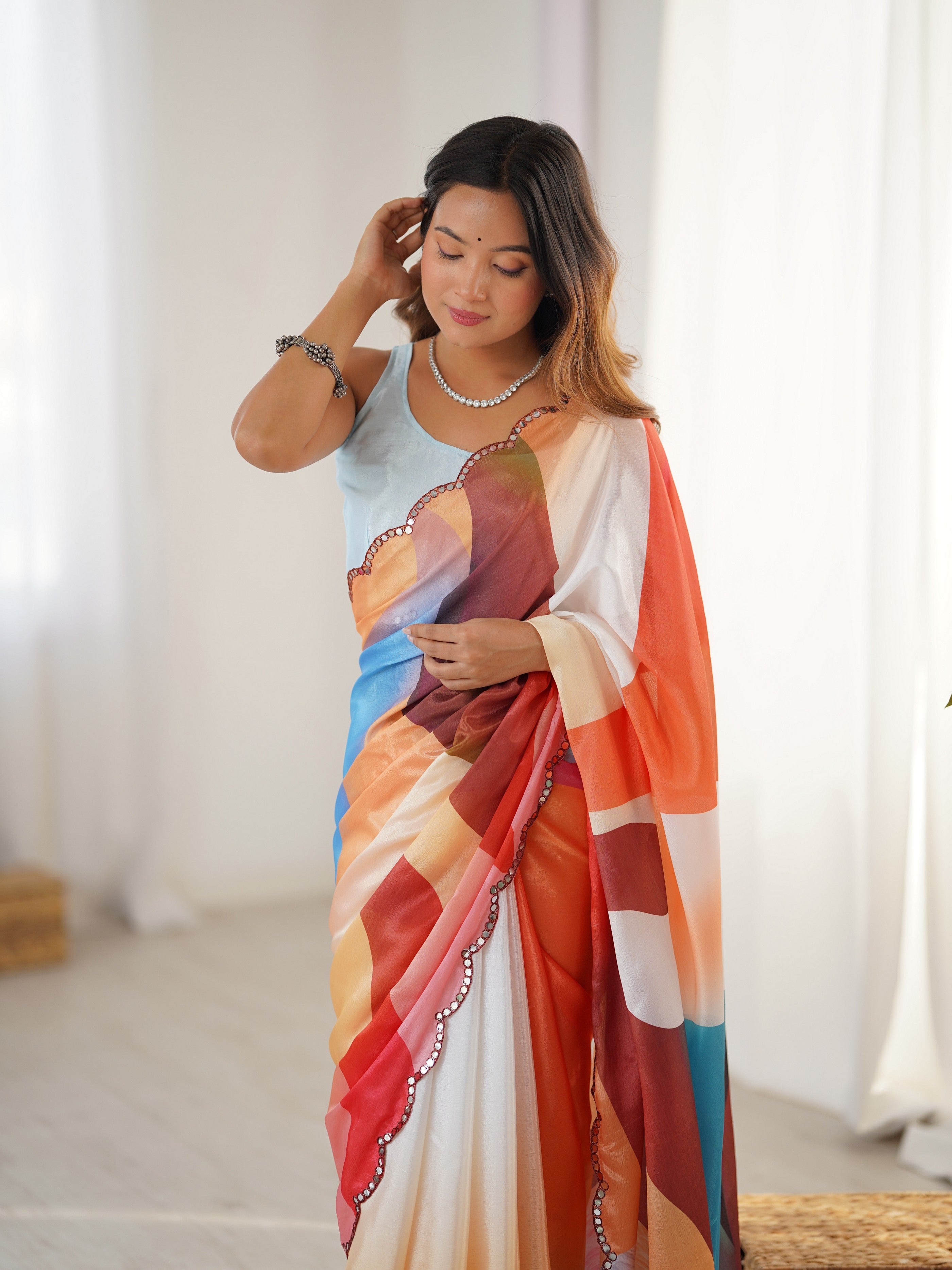 Multy Ethnic Partywear Digital Printed Saree With Stylish Cut Border