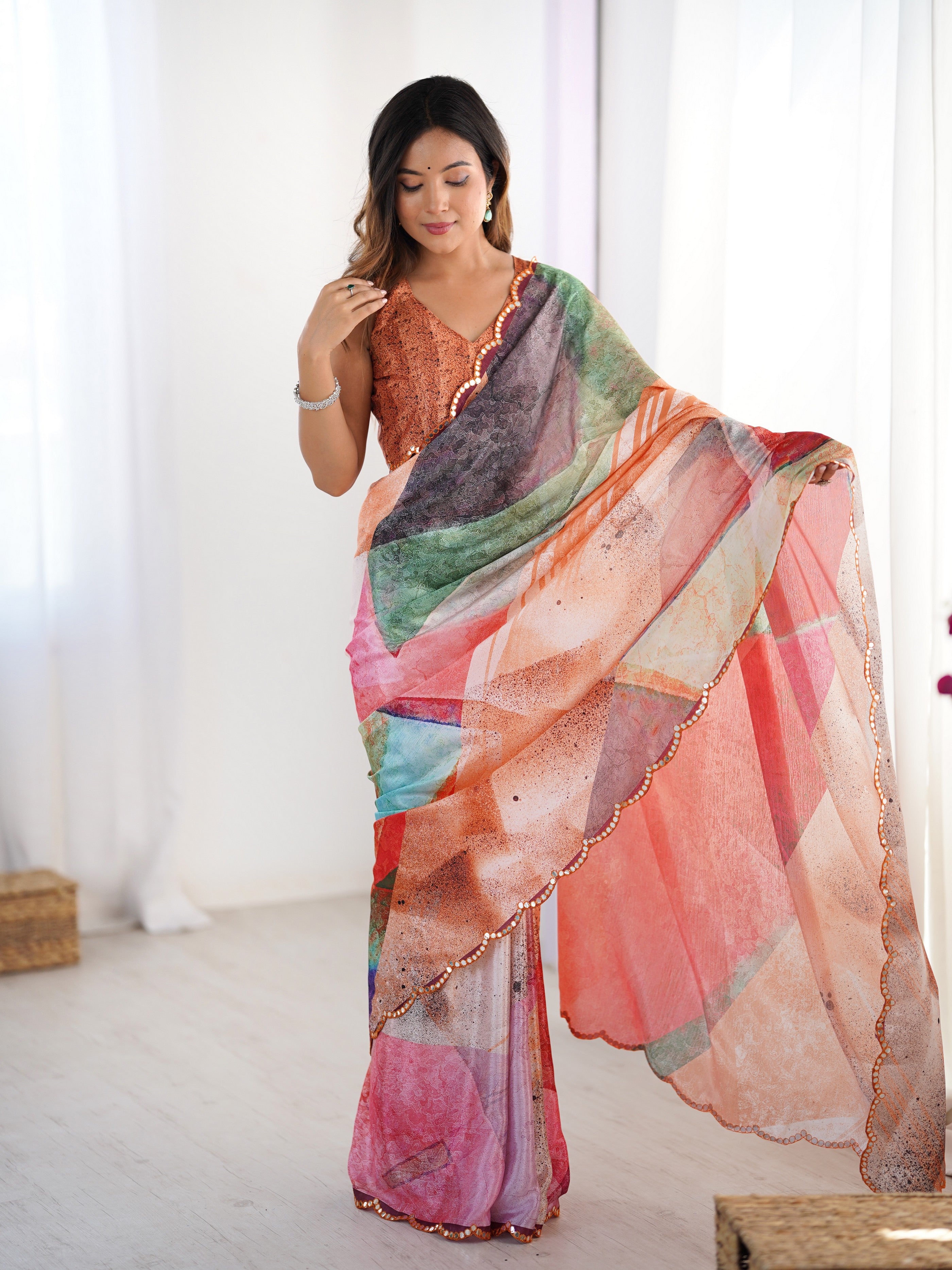 Multy Ethnic Partywear Digital Printed Saree With Stylish Cut Border