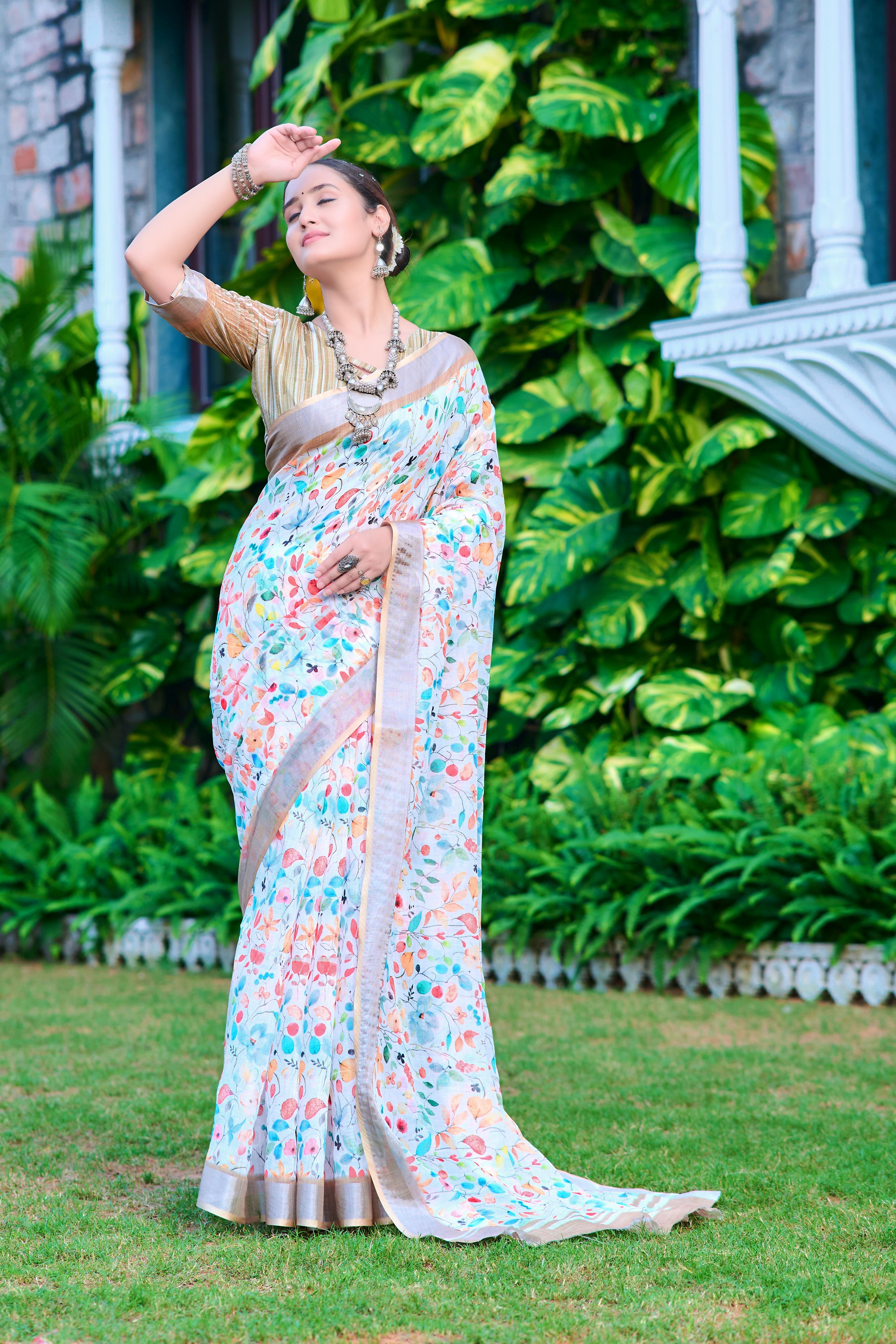 Multy Linen Cotton Designer Printed Ethnic Festive Saree