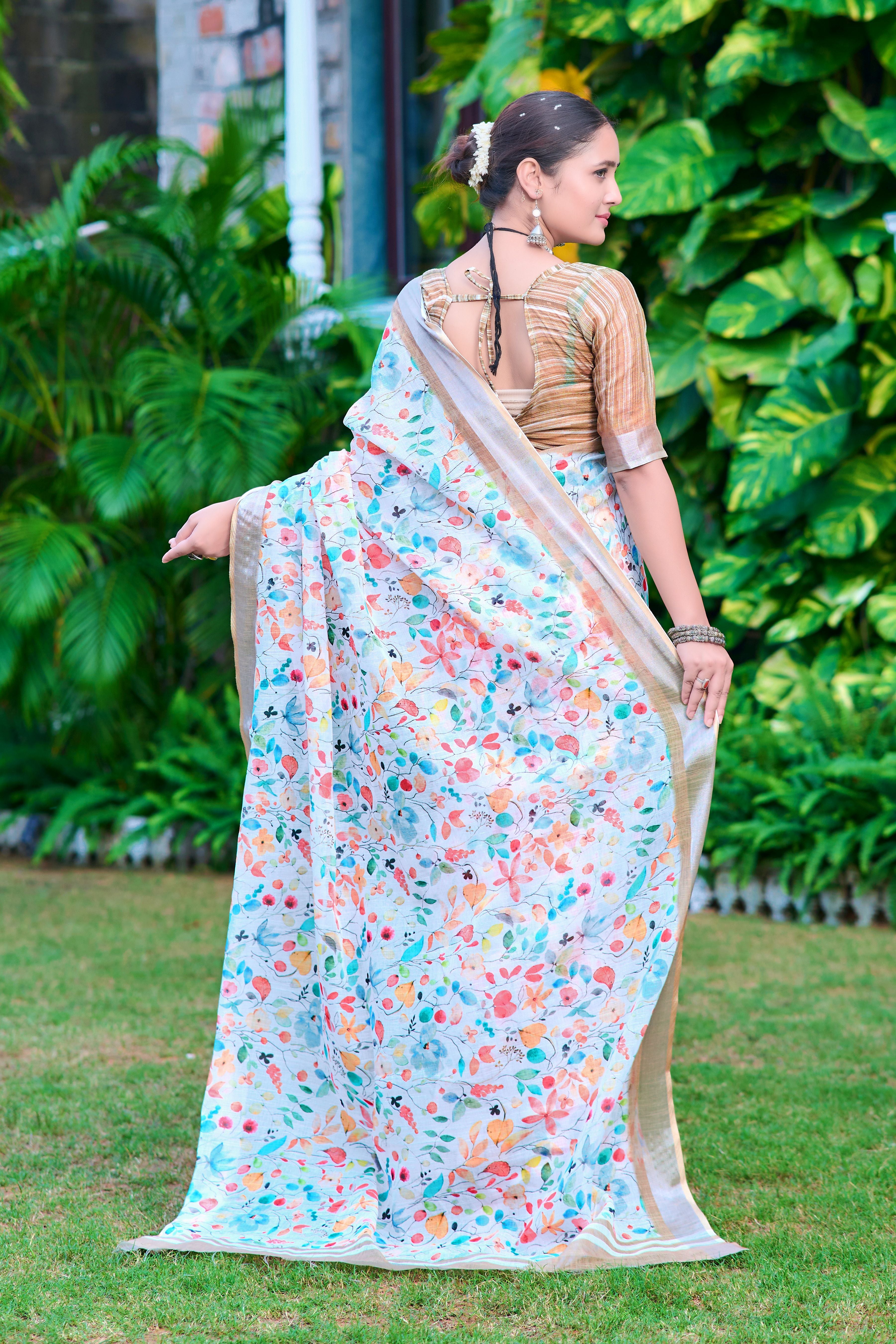 Multy Linen Cotton Designer Printed Ethnic Festive Saree