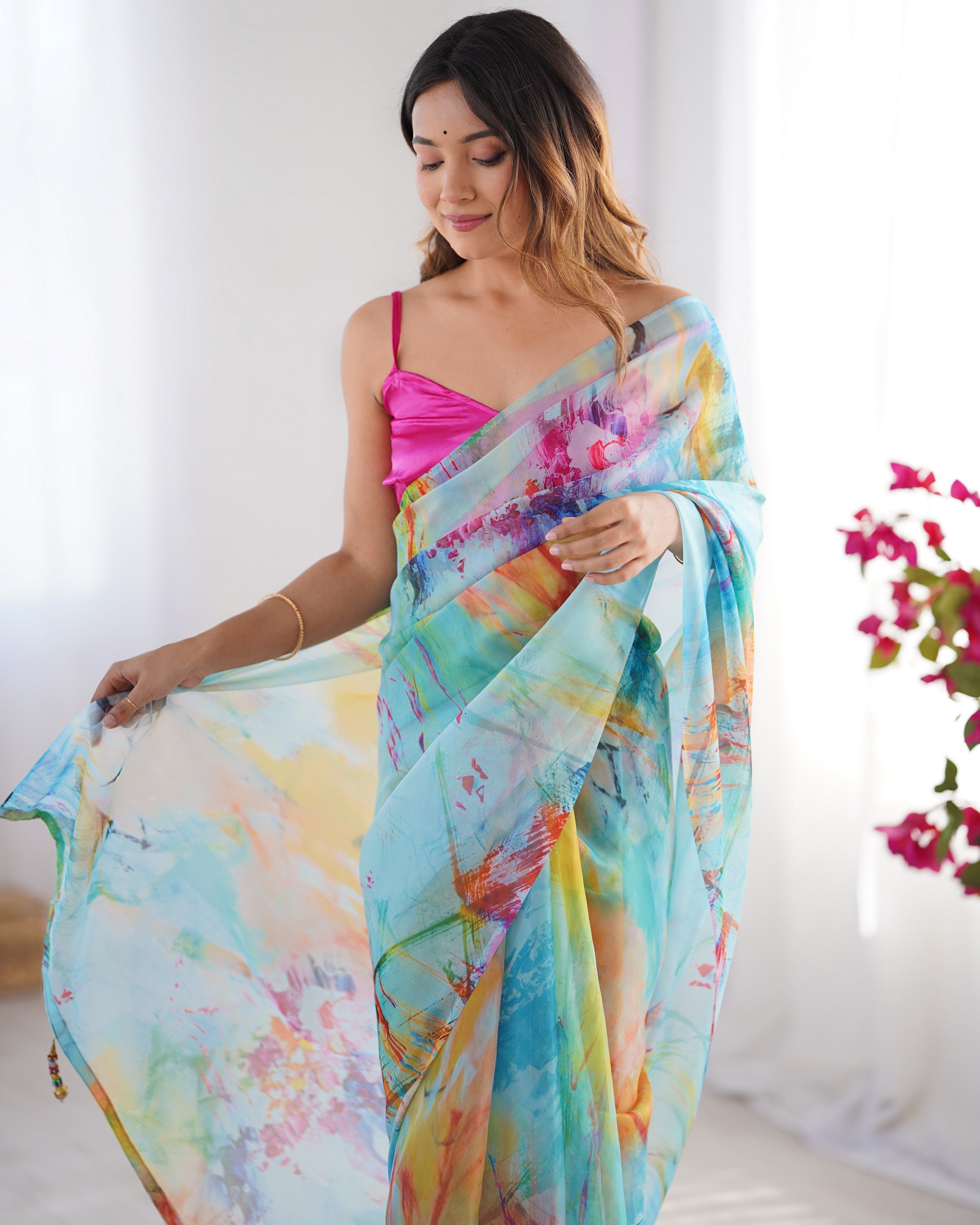 Multy Organza Designer Printed Fancy Partywear Saree