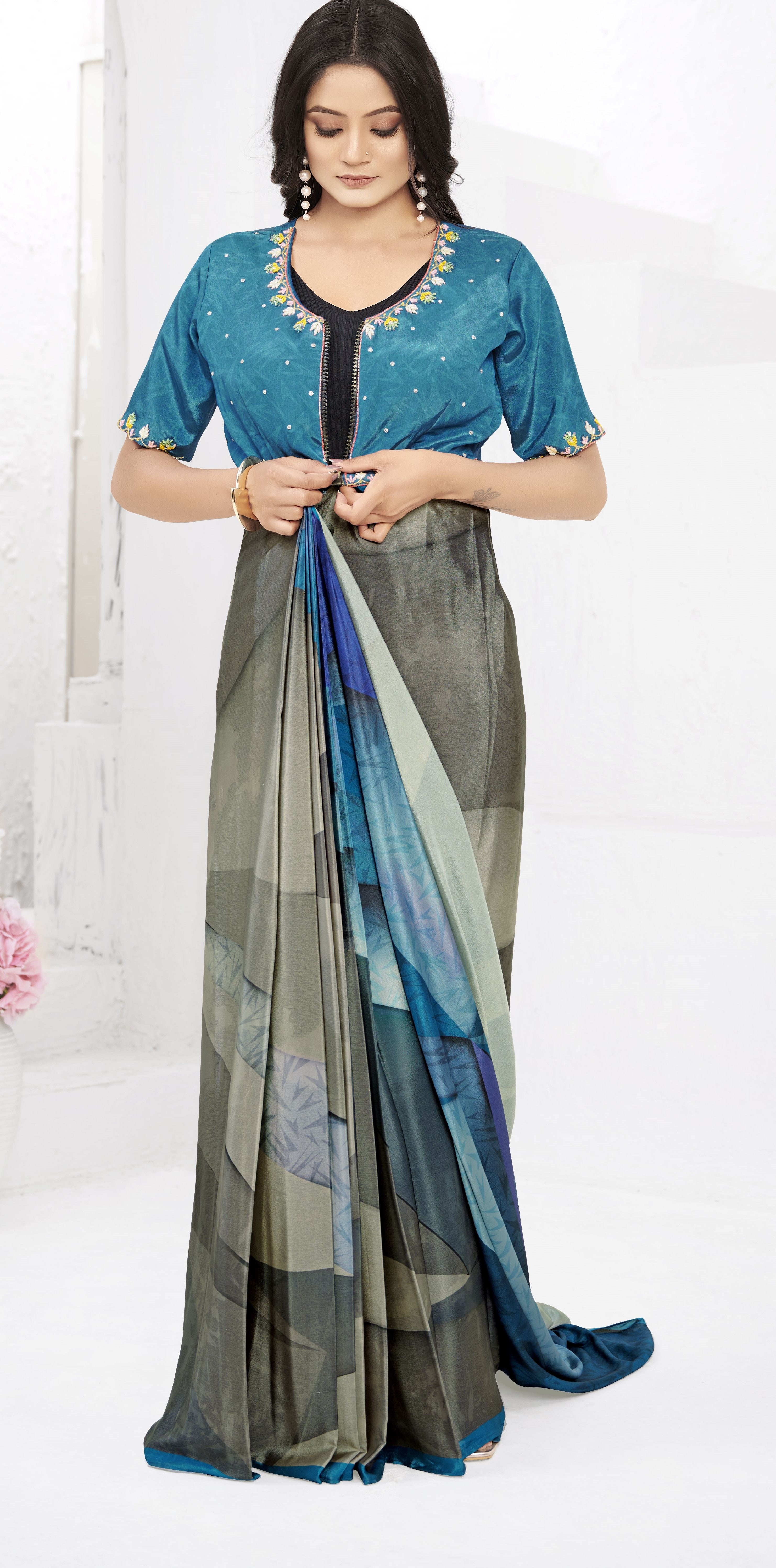 Multy Ready To Wear Gown Style Designer Printed Saree With Embroidery Work Blouse