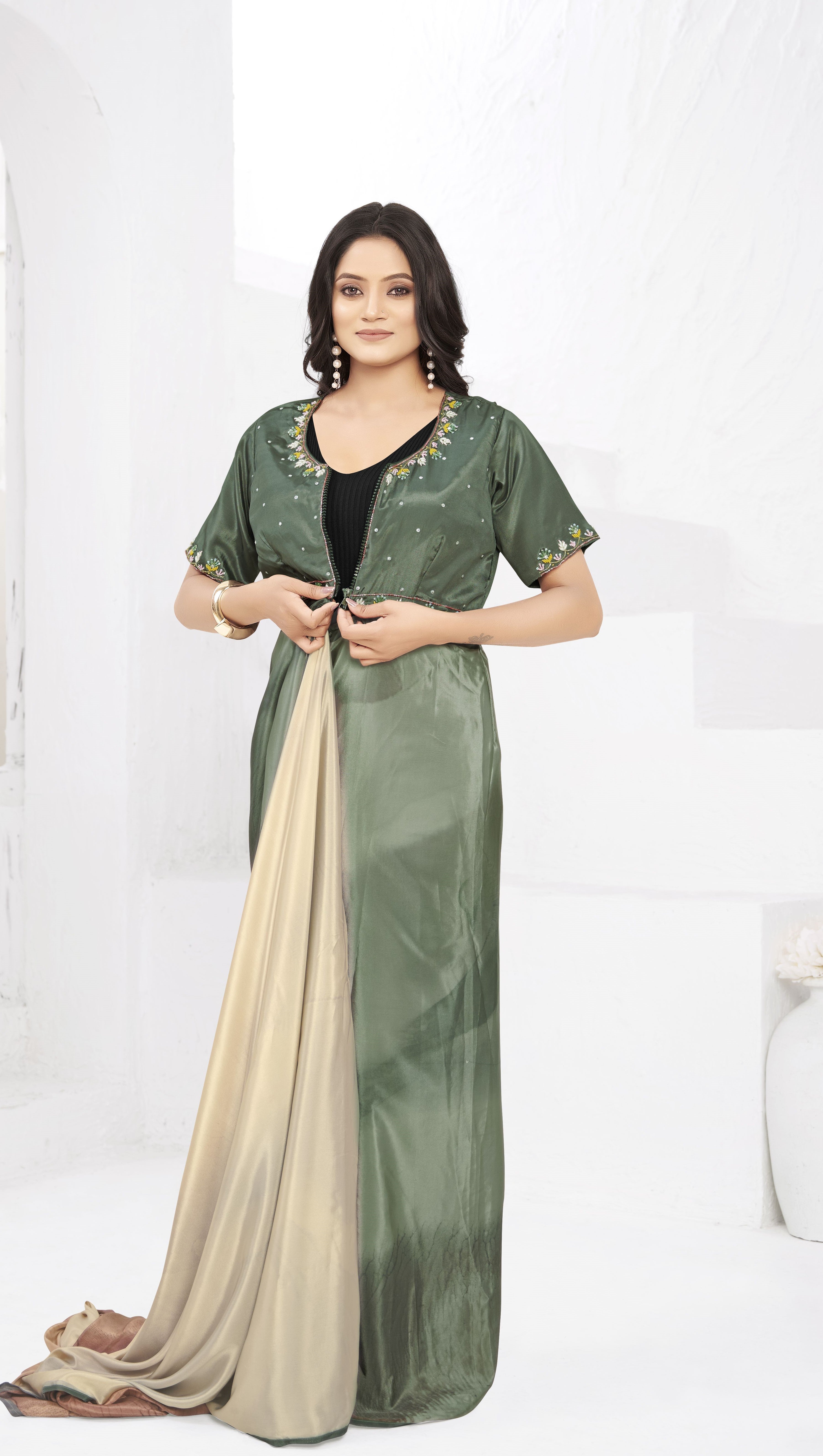 Multy Ready To Wear Gown Style Designer Printed Saree With Embroidery Work Blouse