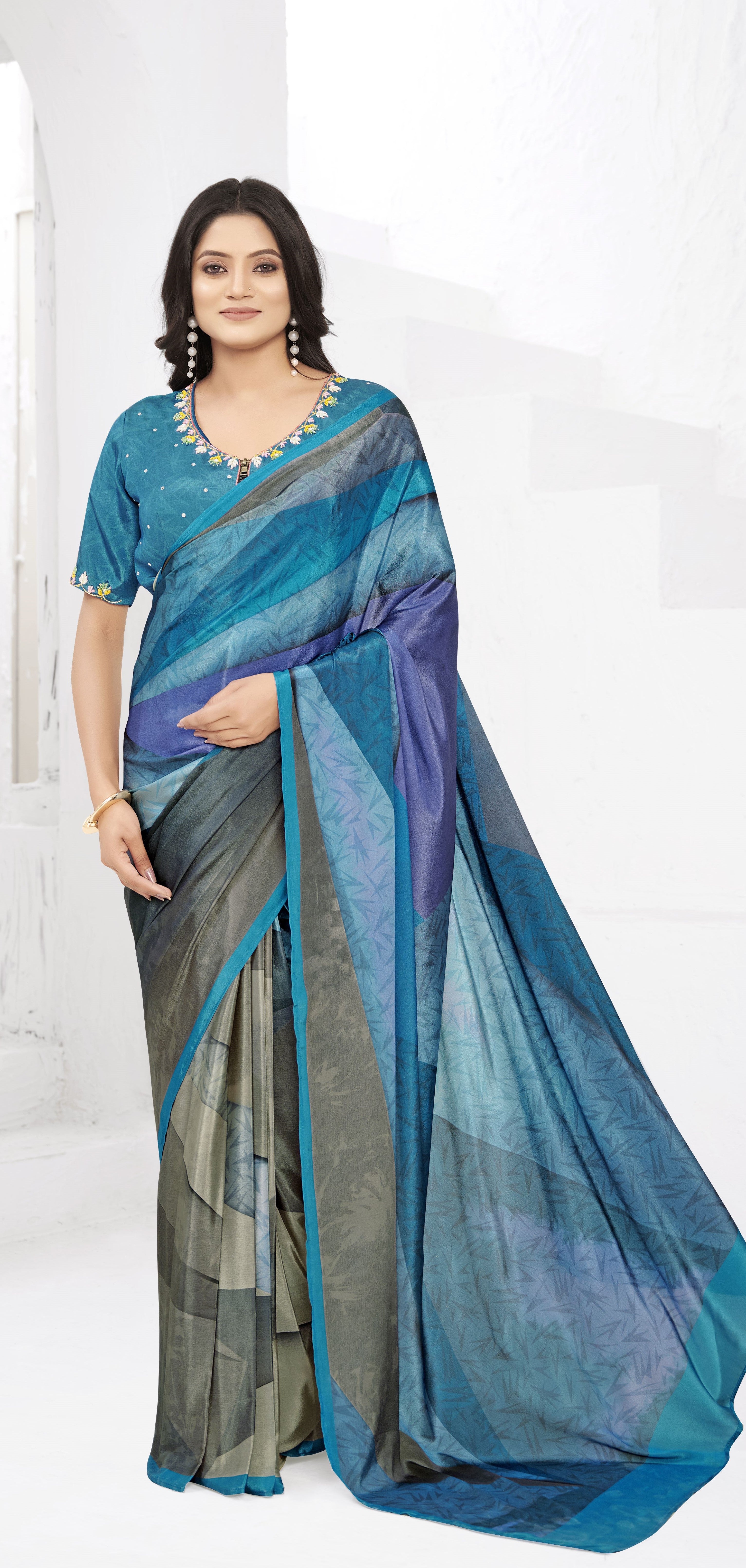 Multy Ready To Wear Gown Style Designer Printed Saree With Embroidery Work Blouse