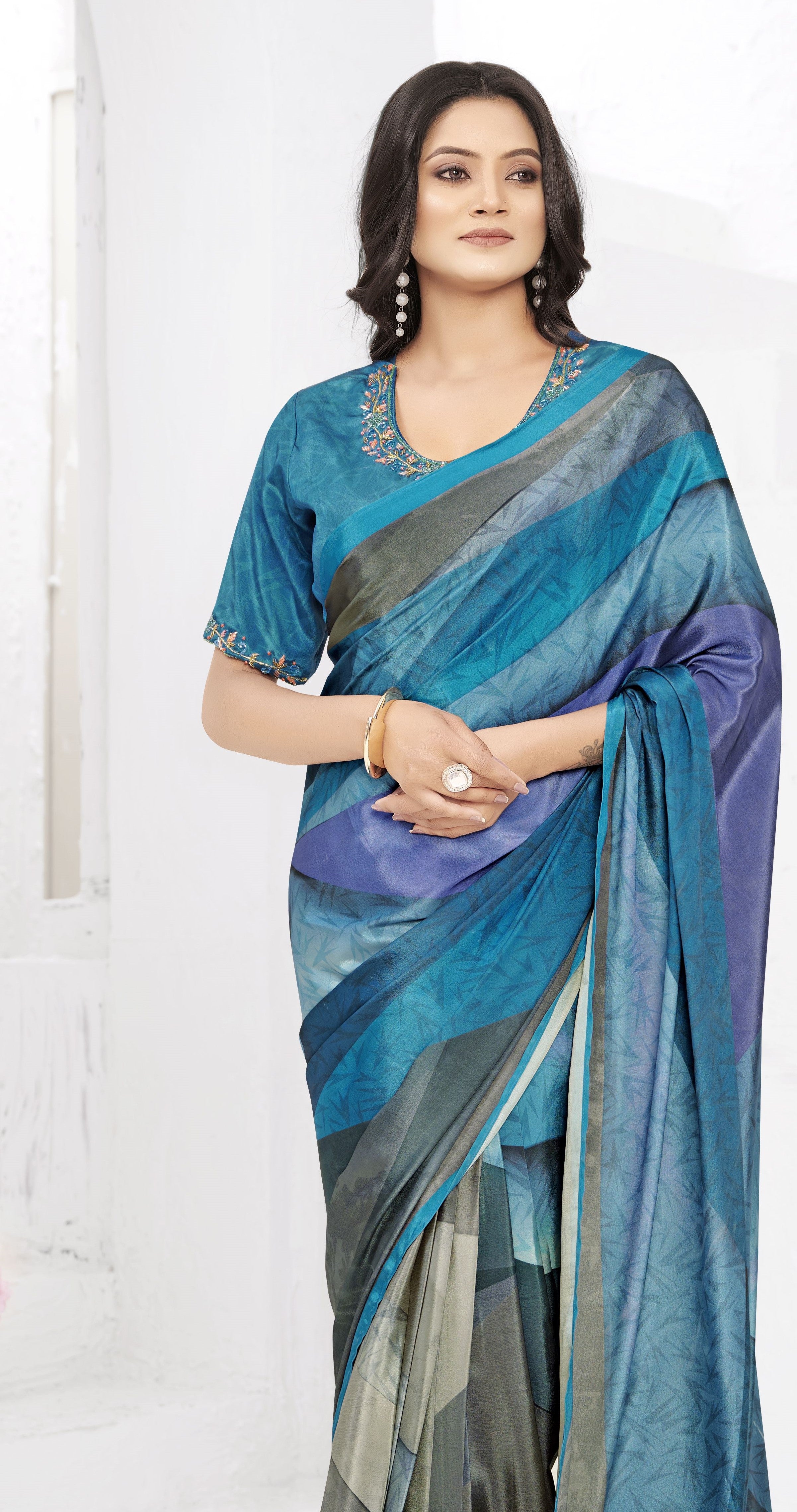 Multy Ready To Wear Gown Style Designer Printed Saree With Embroidery Work Blouse