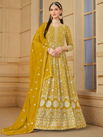 Mustard Anarkali Suit With Heavy Thread Embroidery With Sequis Work