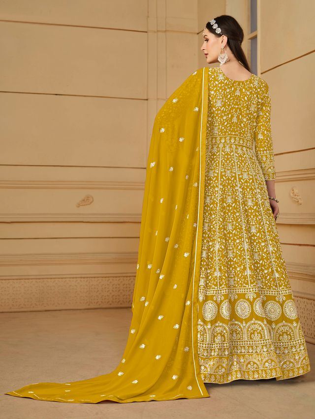Mustard Anarkali Suit With Heavy Thread Embroidery With Sequis Work