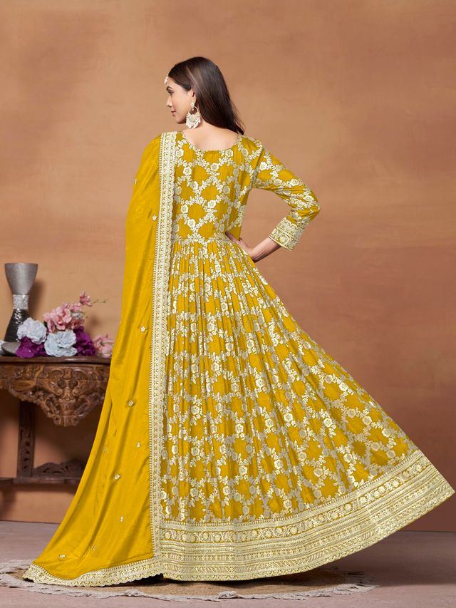 Mustard Anarkali Suit With Jacquard Woven With Thread Embroidery Work