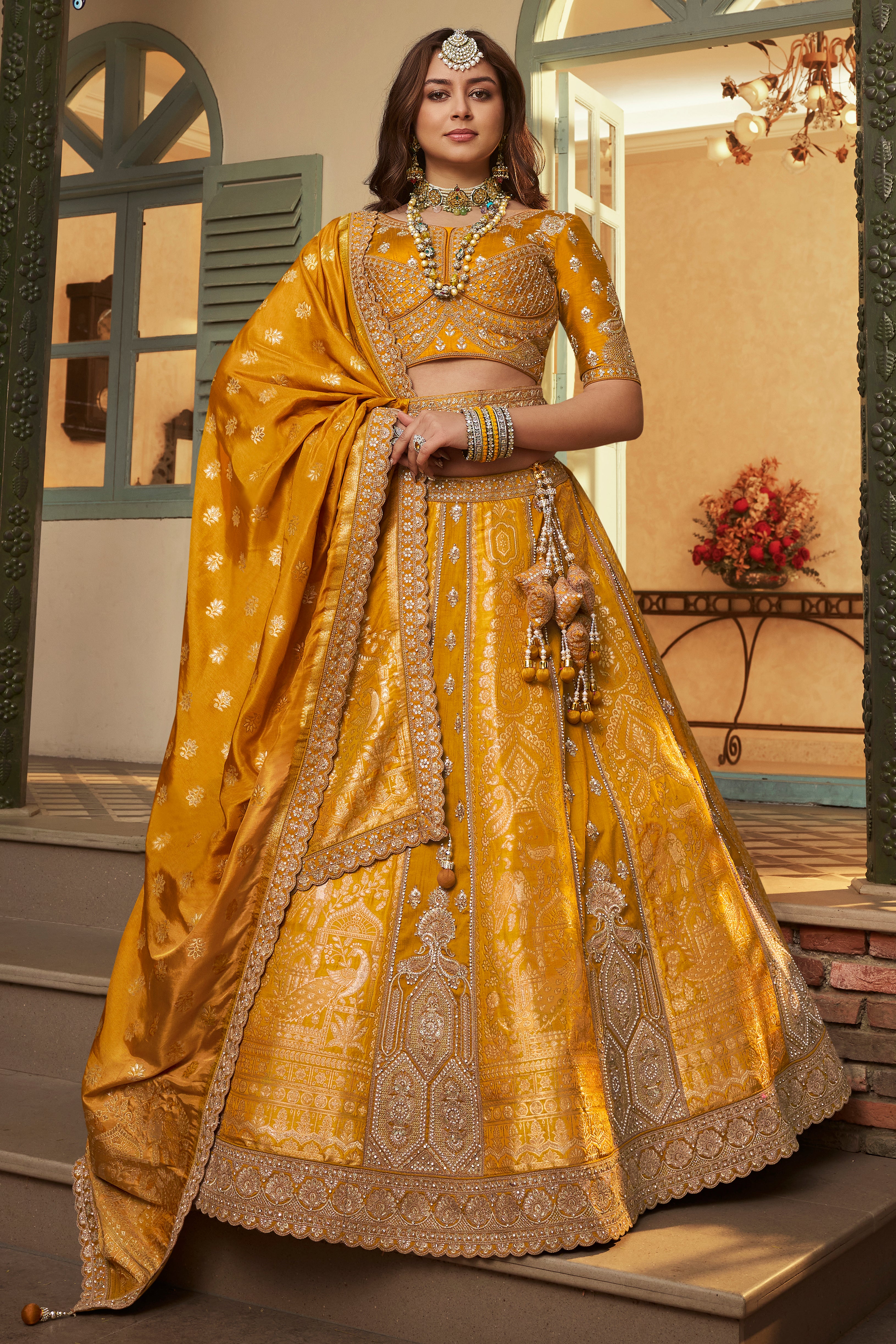 Mustard Banarasi Premium Silk Lehenga Choli With Heavy Thread Embroidery, Sequence, Swarovski ,Stone With Zari, Khatli Weaving Work