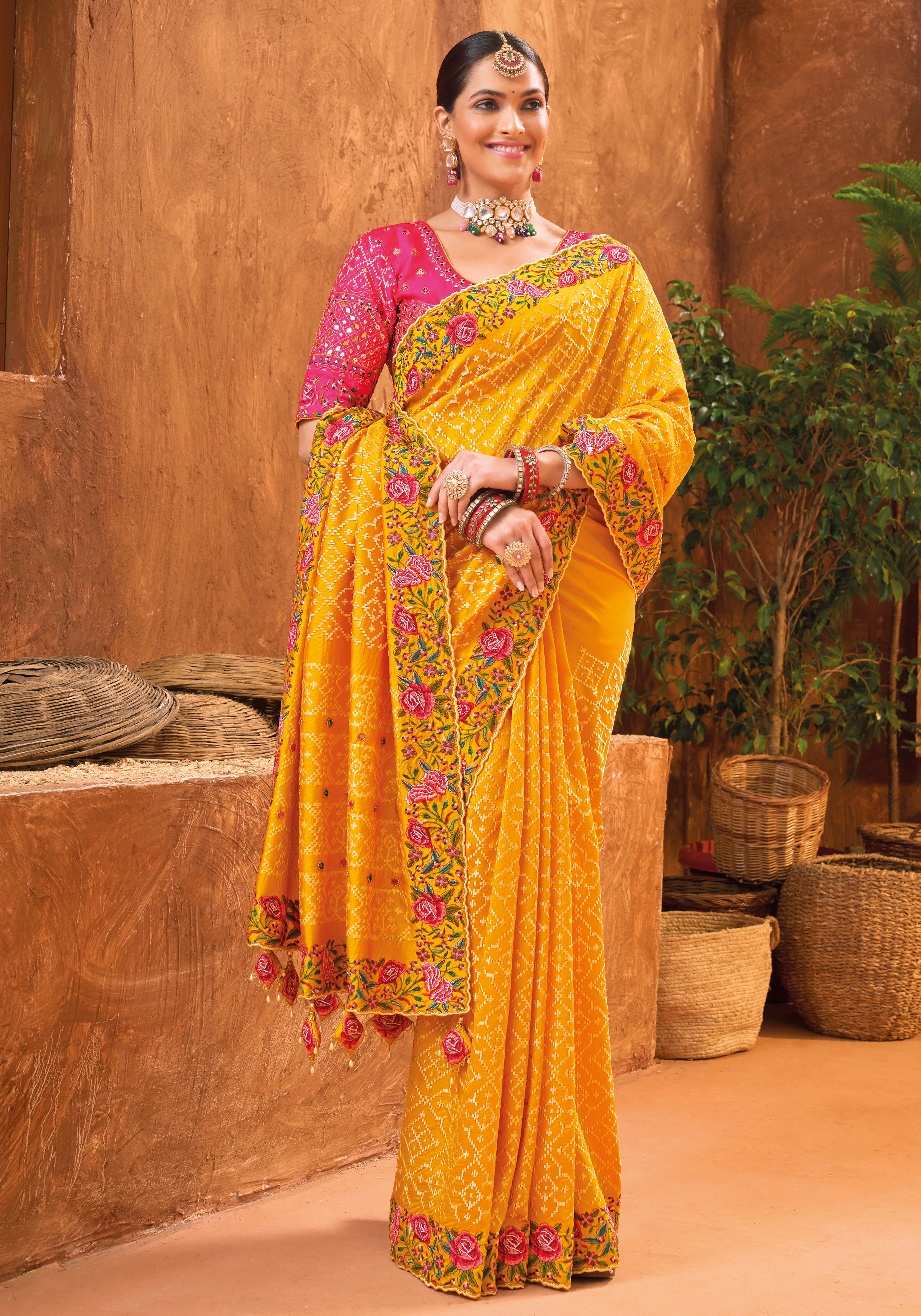Mustard Banarasi Silk Saree With  Pure kacchi, Diamond and Mirror Work