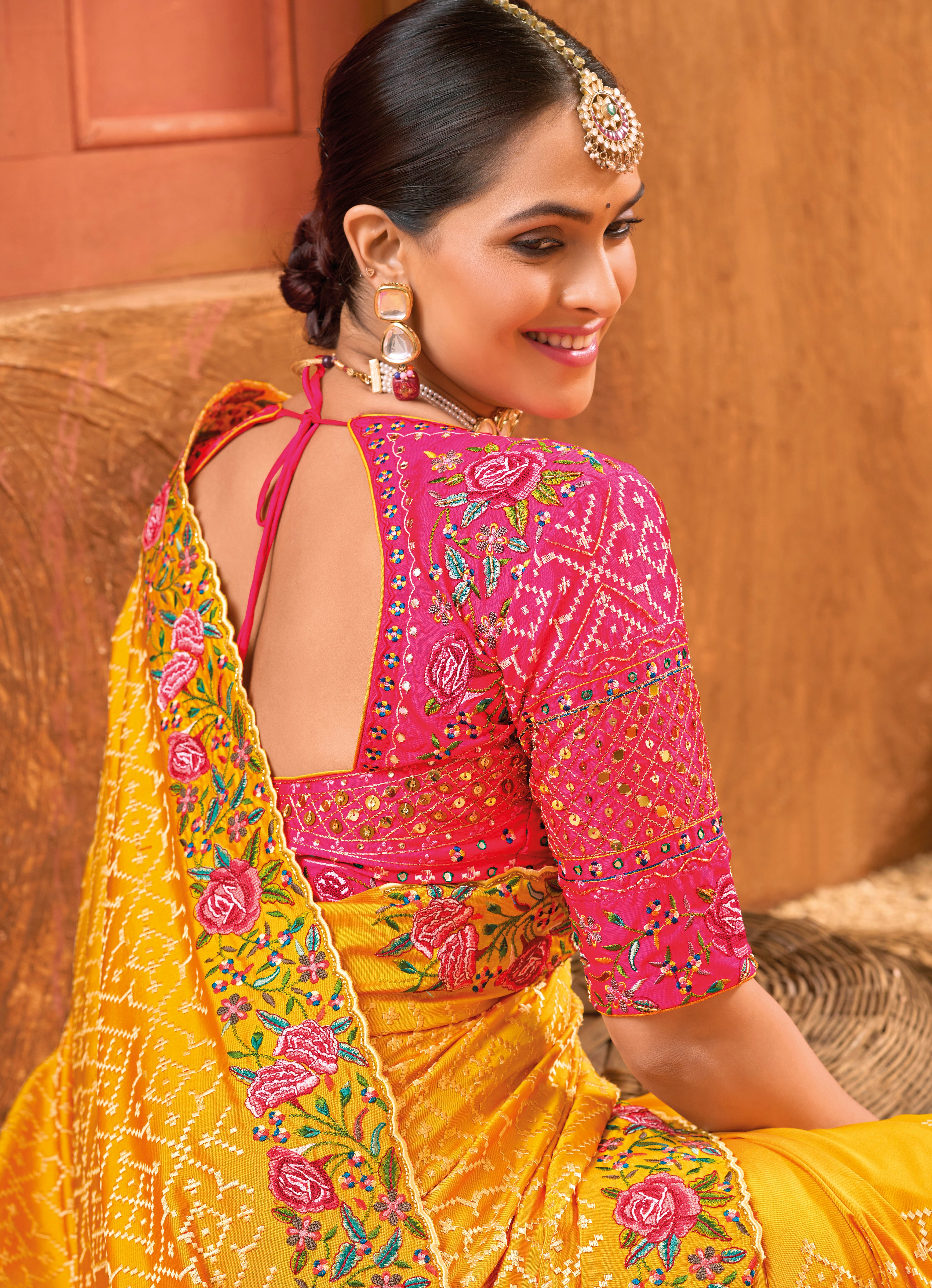 Mustard Banarasi Silk Saree With  Pure kacchi, Diamond and Mirror Work