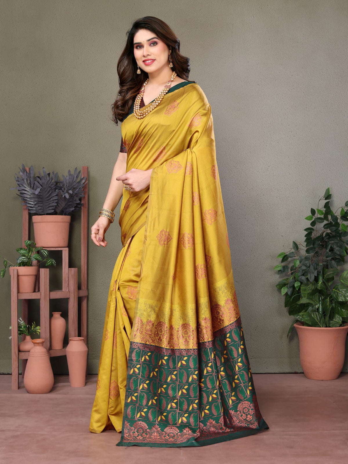 Mustard Banarasi Silk Saree With Weaving