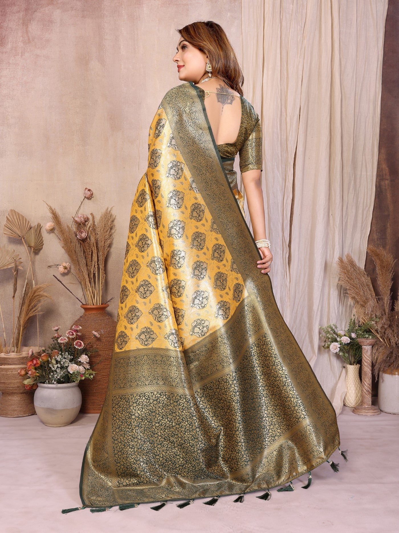 Mustard Banarasi Tissue Silk Saree With Traditional Weaving