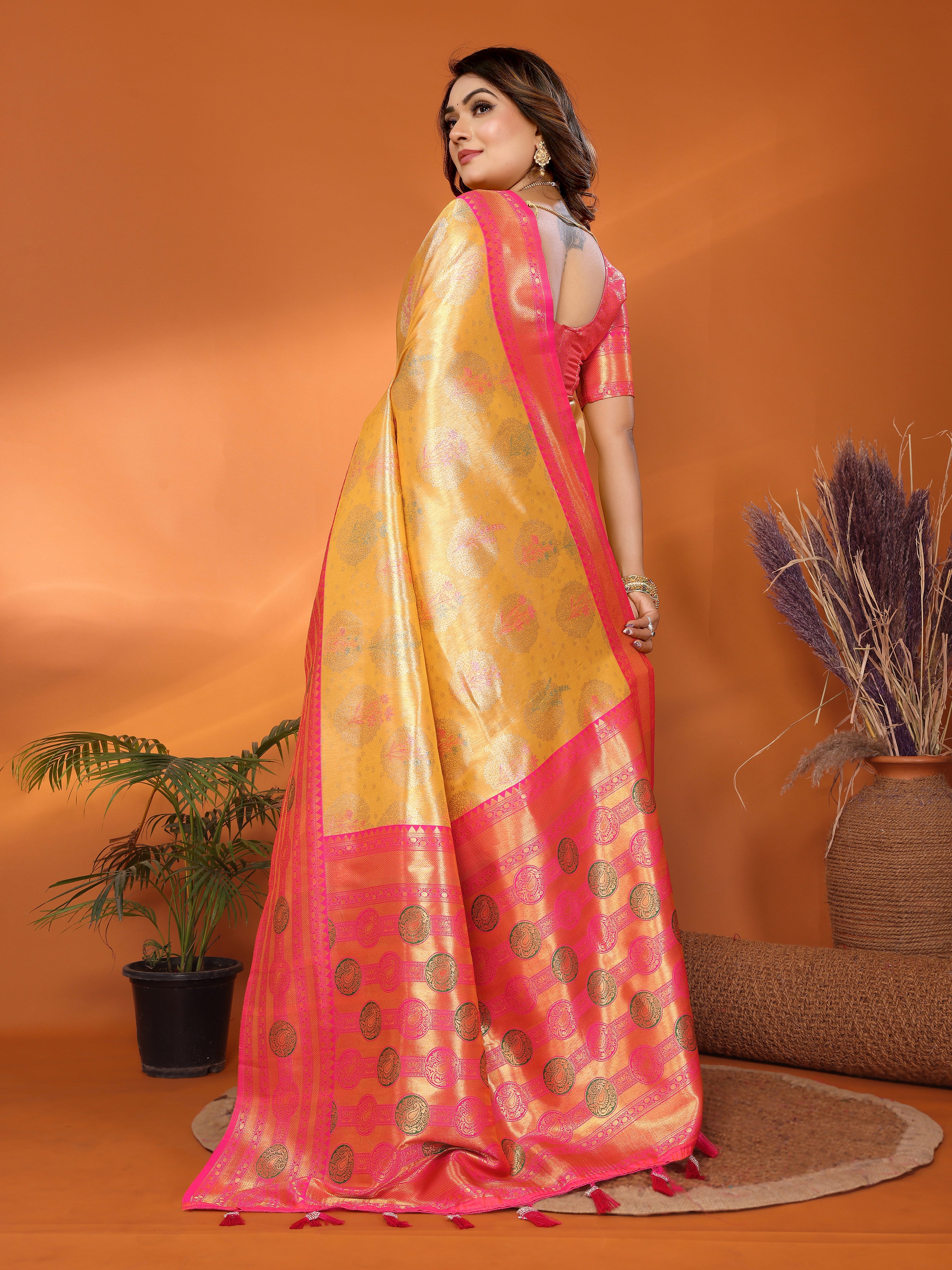 Mustard Banarasi Tissue Silk Saree With Woven Paithani Designer