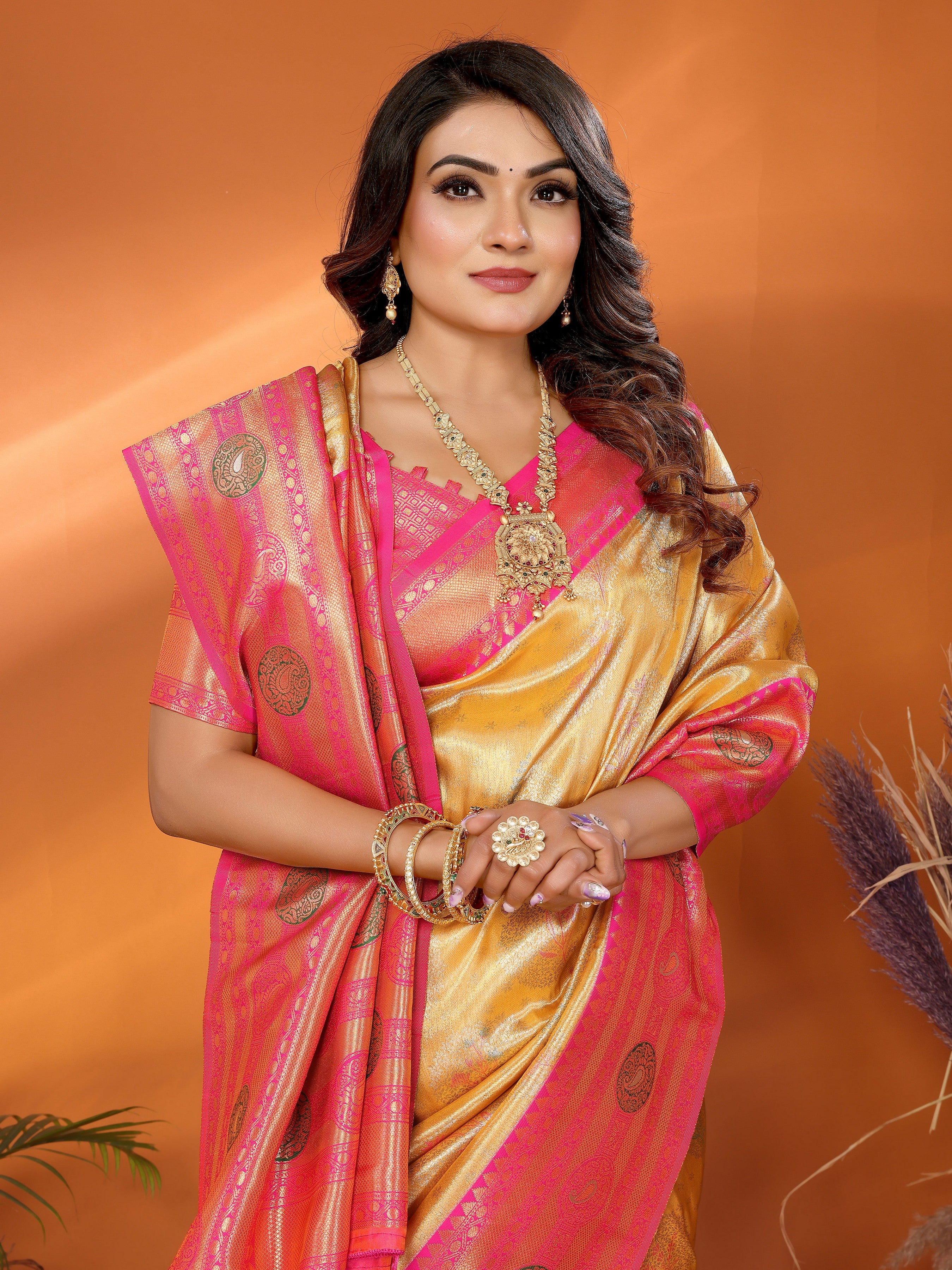 Mustard Banarasi Tissue Silk Saree With Woven Paithani Designer