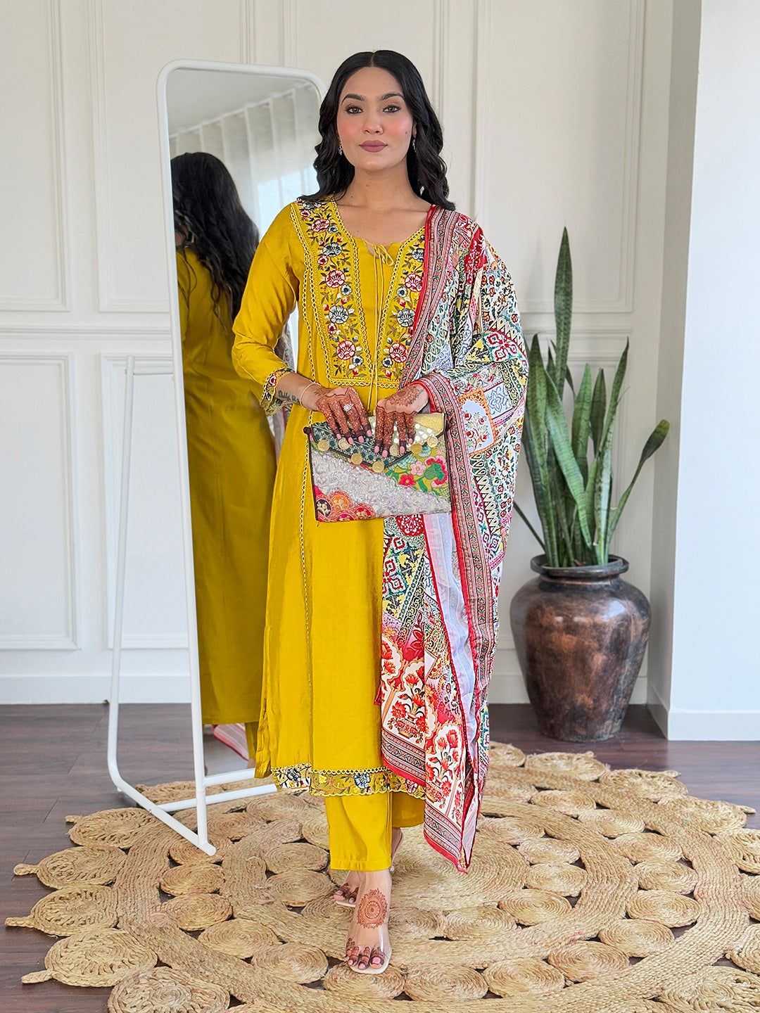 Mustard Bsy Viscose Elegant Kurta Pant Set With Thread Work