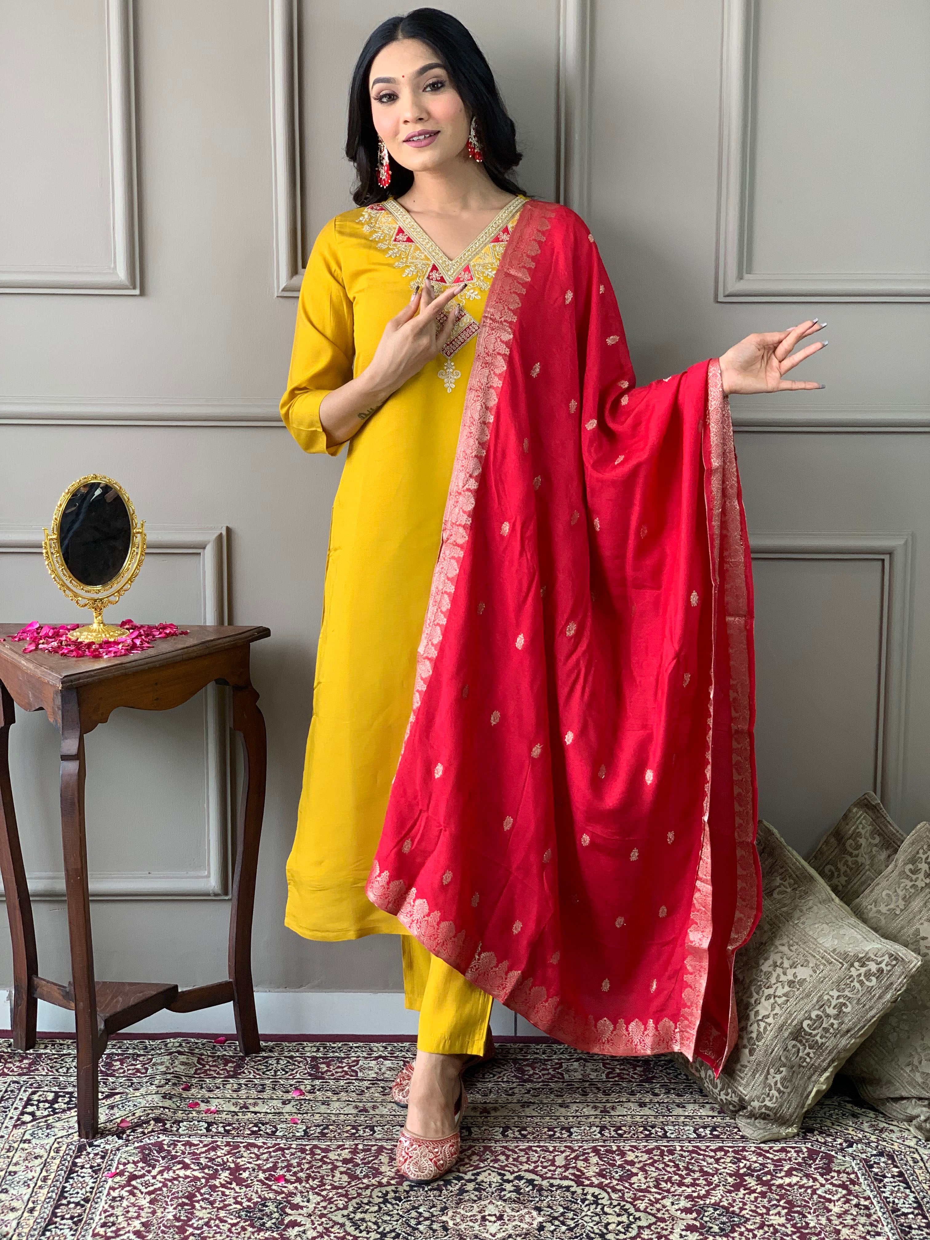 Mustard Chanderi Elegant Kurta Pant Set With Embroidery Work
