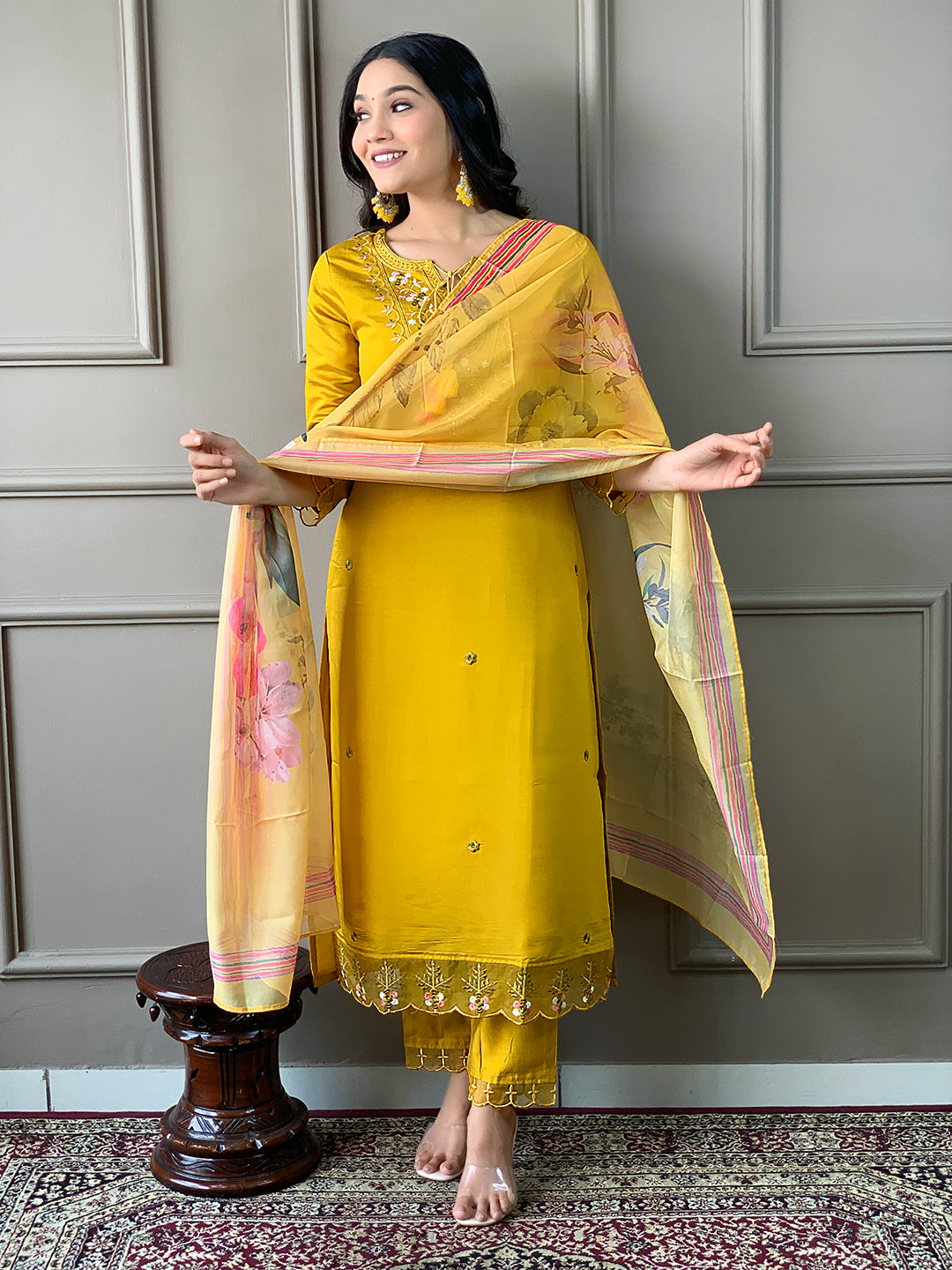 Mustard Chanderi Elegant Kurta Pant Set With Embroidery Work