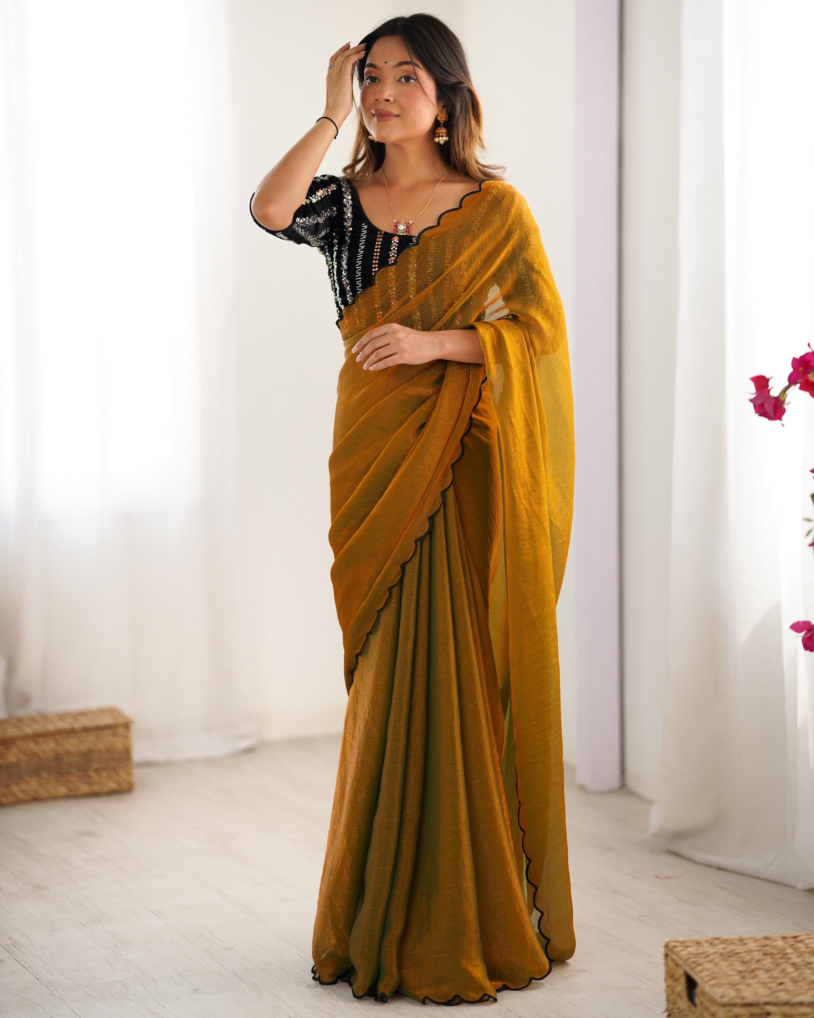 Mustard Chiffon Beautiful Bollywood Style Show Stopper Saree