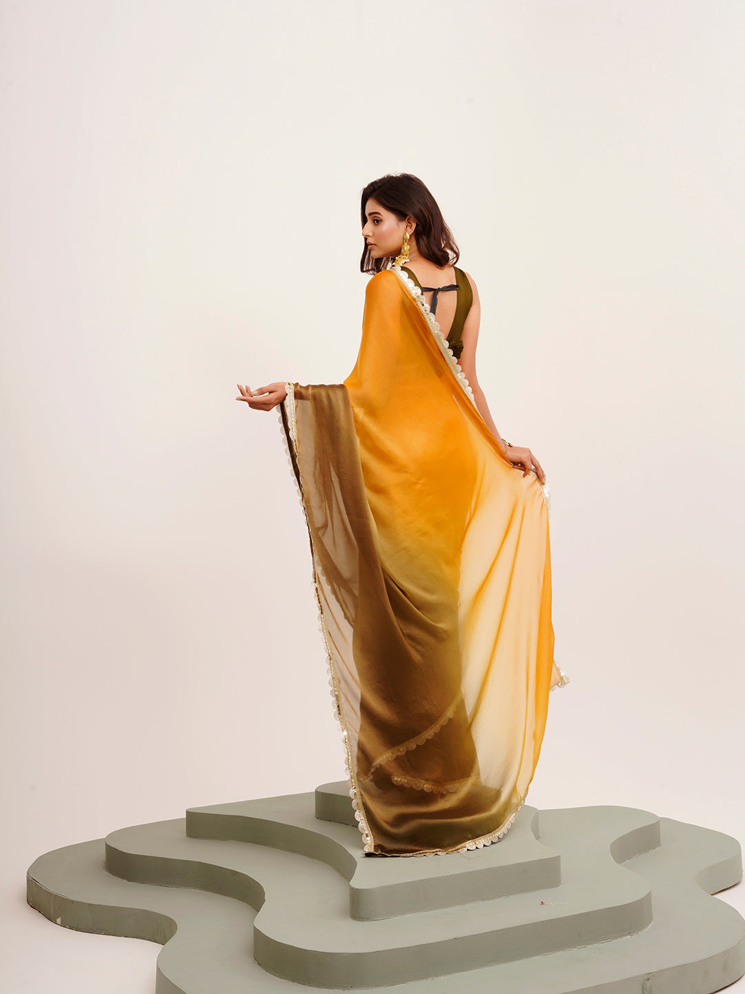 Mustard Chiffon Embellished Sequinned Work Fancy Saree