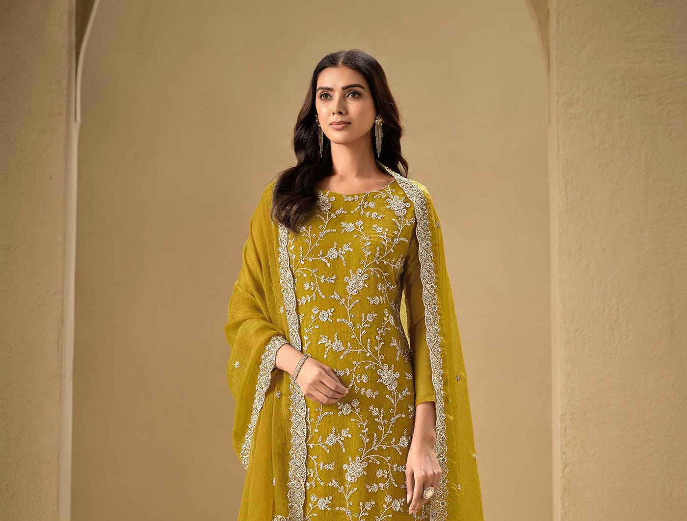 Mustard Chinon Designer Suit Set With Elegant Embroidery