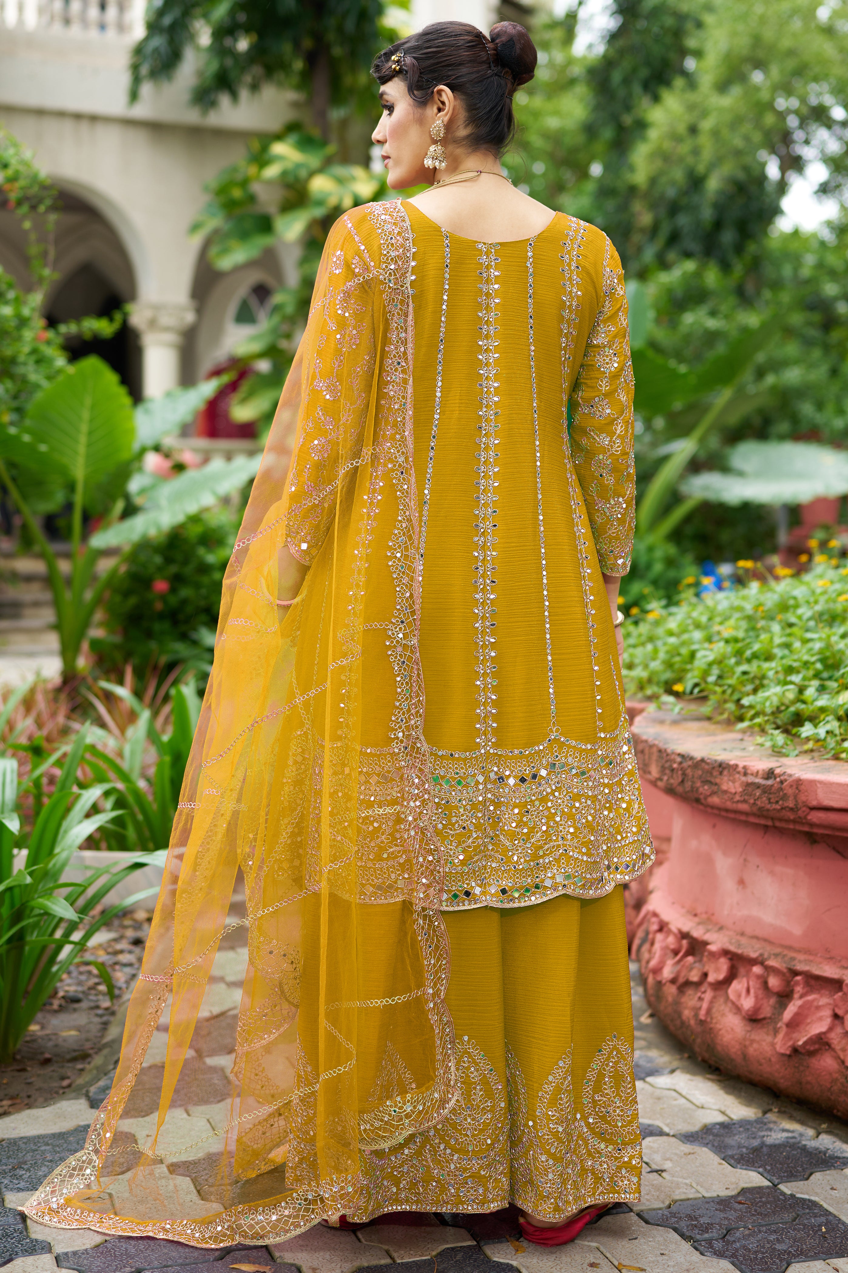 Mustard Chinon Silk Salwar Suit With Real Mirror Work