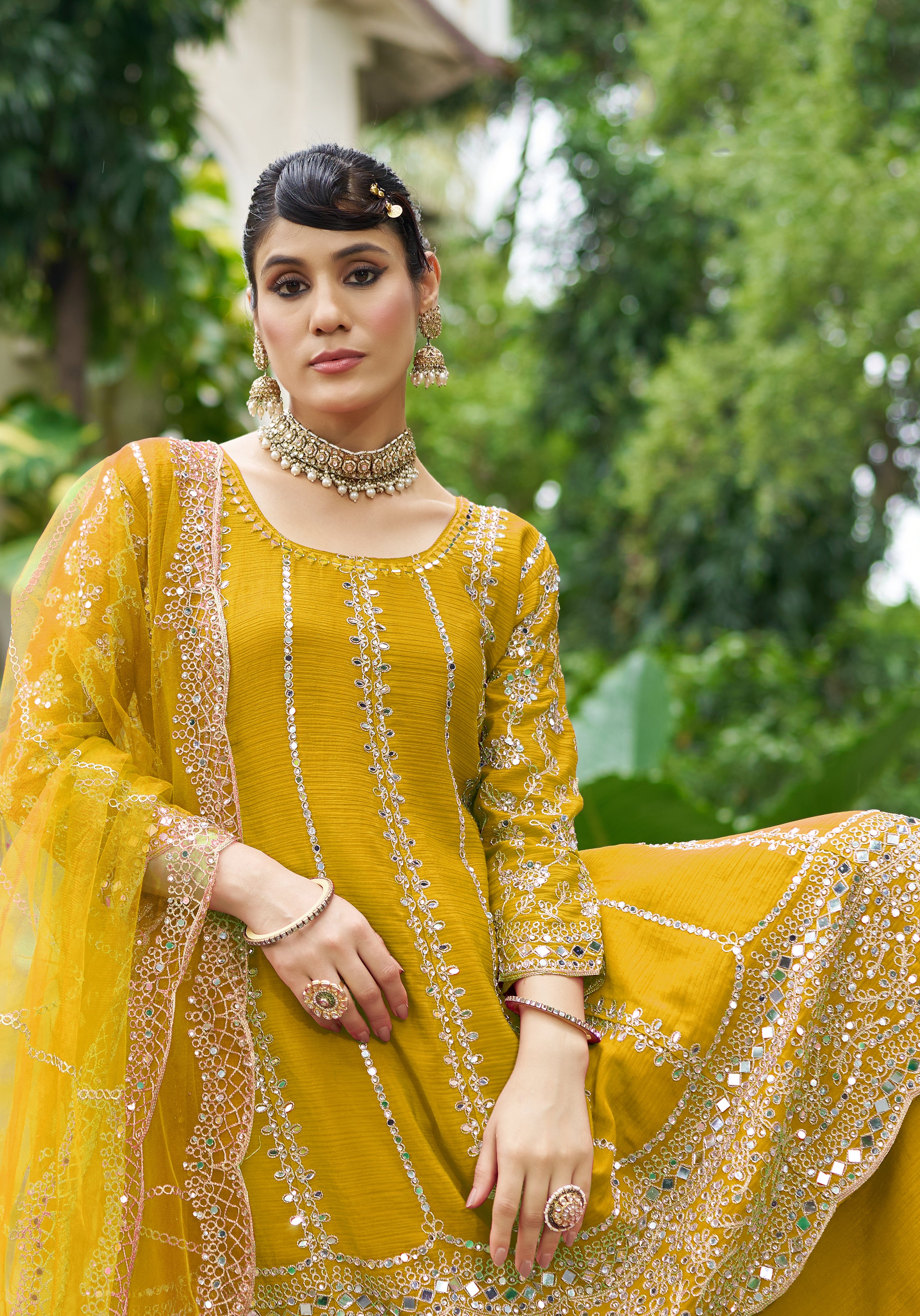 Mustard Chinon Silk Salwar Suit With Real Mirror Work