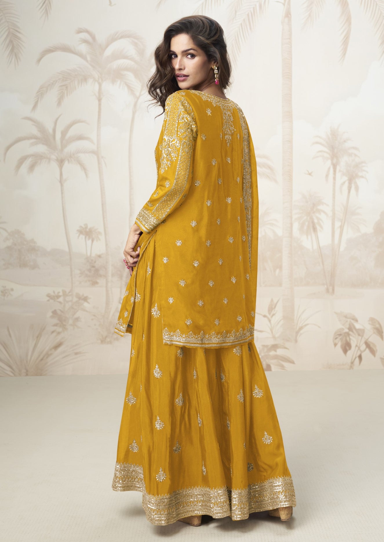 Mustard Chinon Silk Salwar Suit With Zari Sequin Embroidery