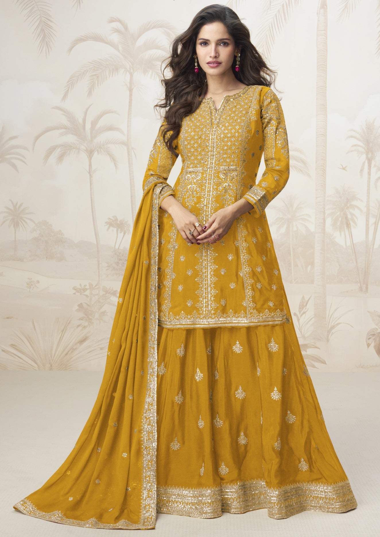 Mustard Chinon Silk Salwar Suit With Zari Sequin Embroidery