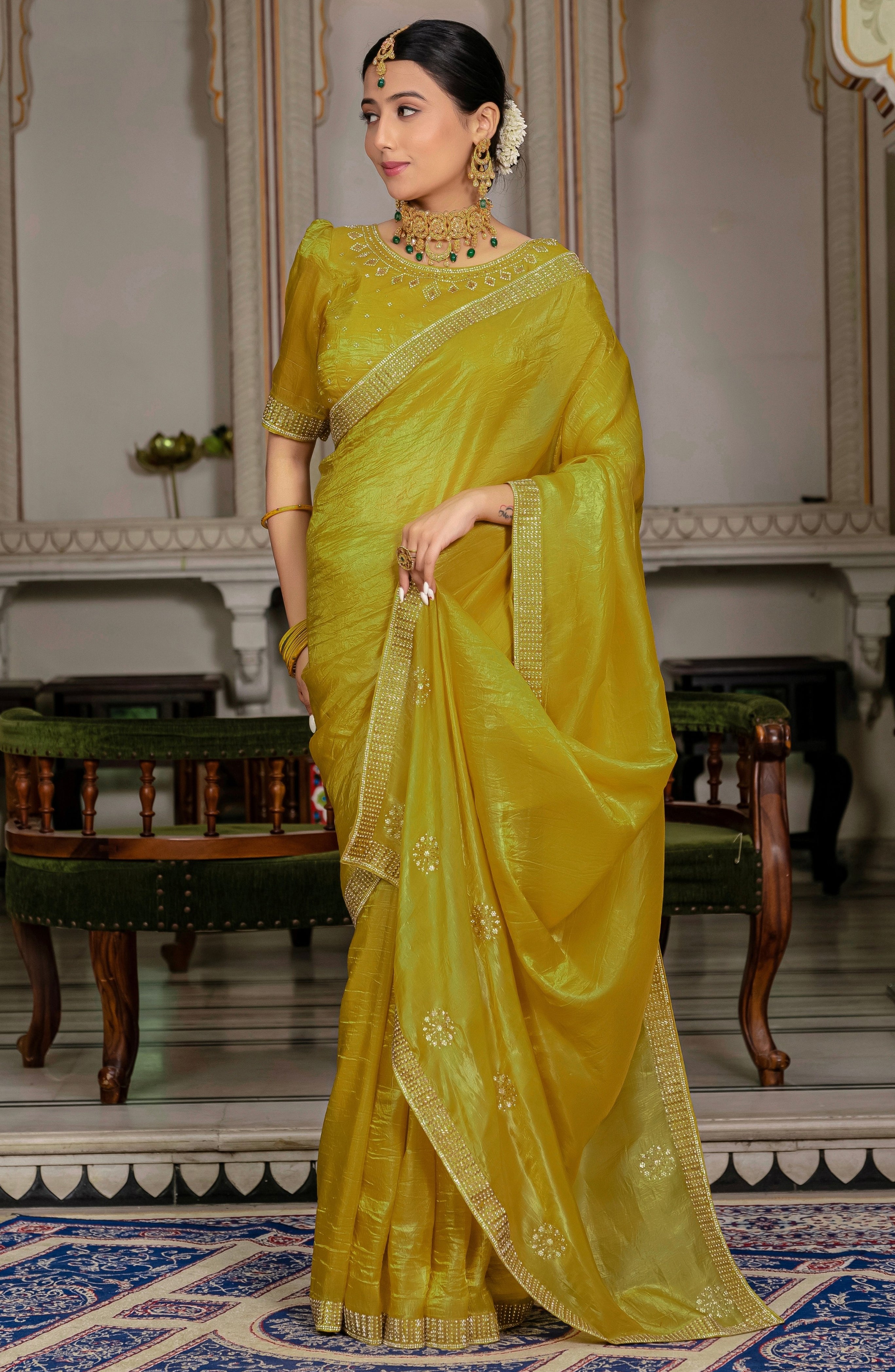 Mustard Color Gold Crush Saree With  Cutdana With Zarkan Work