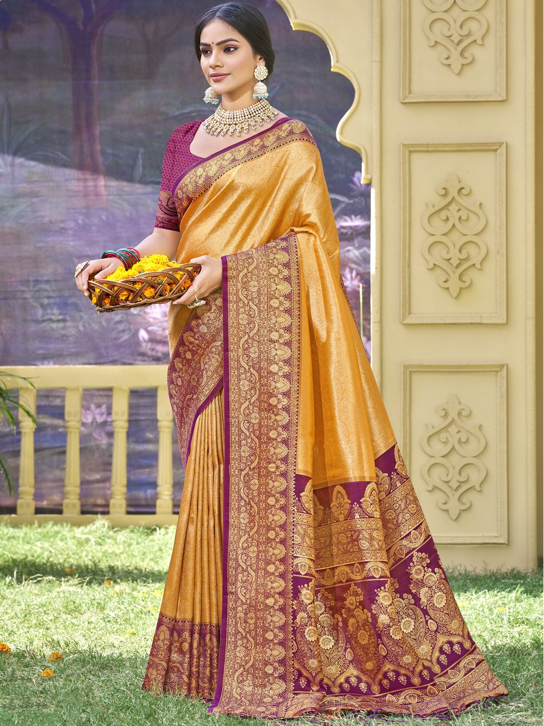 Mustard Color Woven Work Banarasi Silk Saree