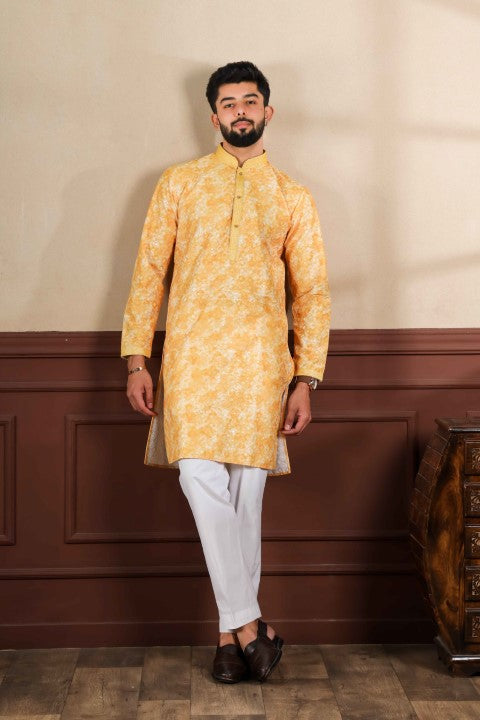 Mustard Cotton Blend Kurta Pajama with Abstract Print