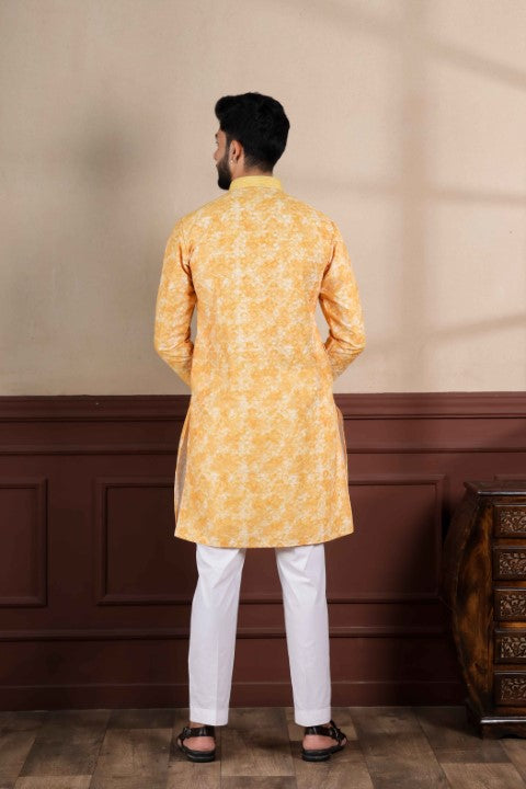 Mustard Cotton Blend Kurta Pajama with Abstract Print