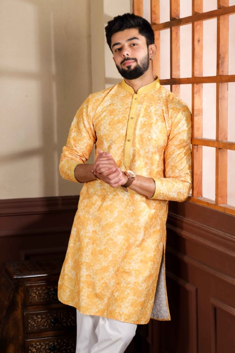 Mustard Cotton Blend Kurta Pajama with Abstract Print