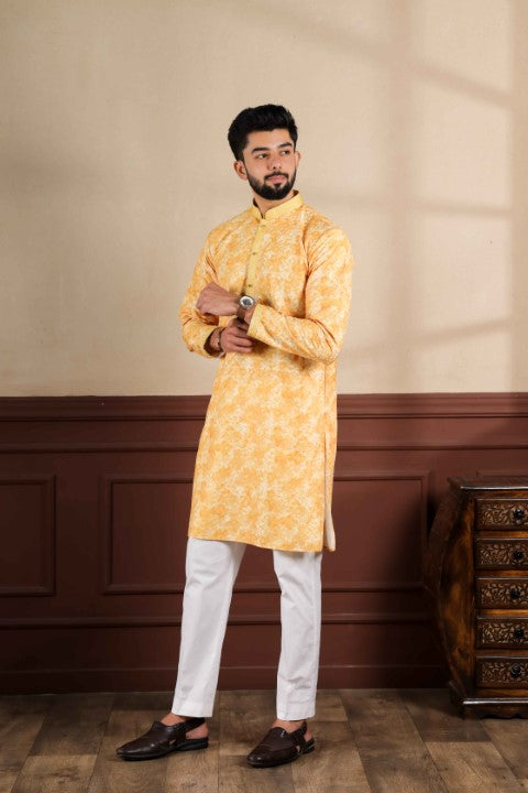 Mustard Cotton Blend Kurta Pajama with Abstract Print