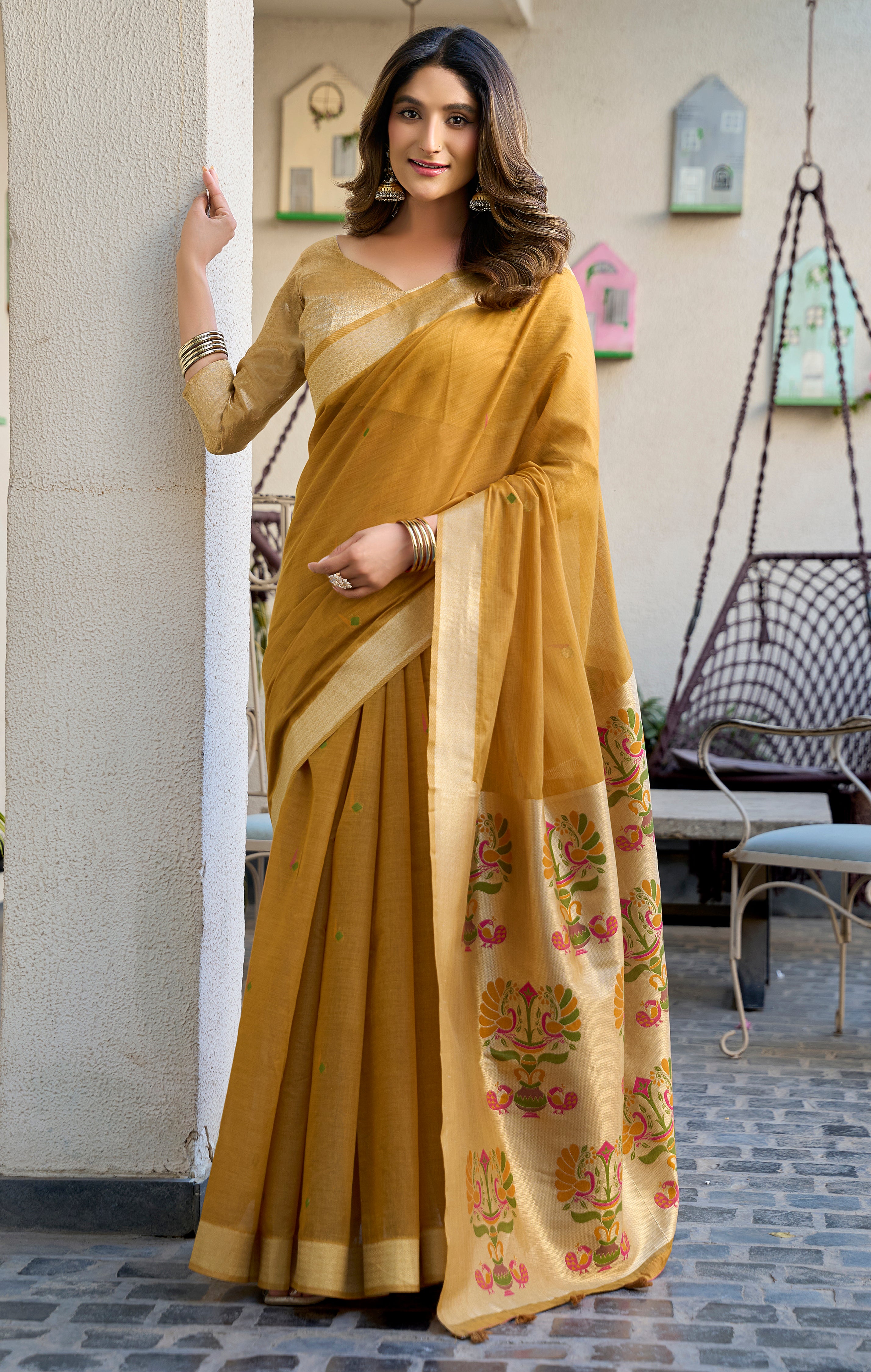Mustard Cotton Saree with Jacquard Woven Zari Border & Tassels